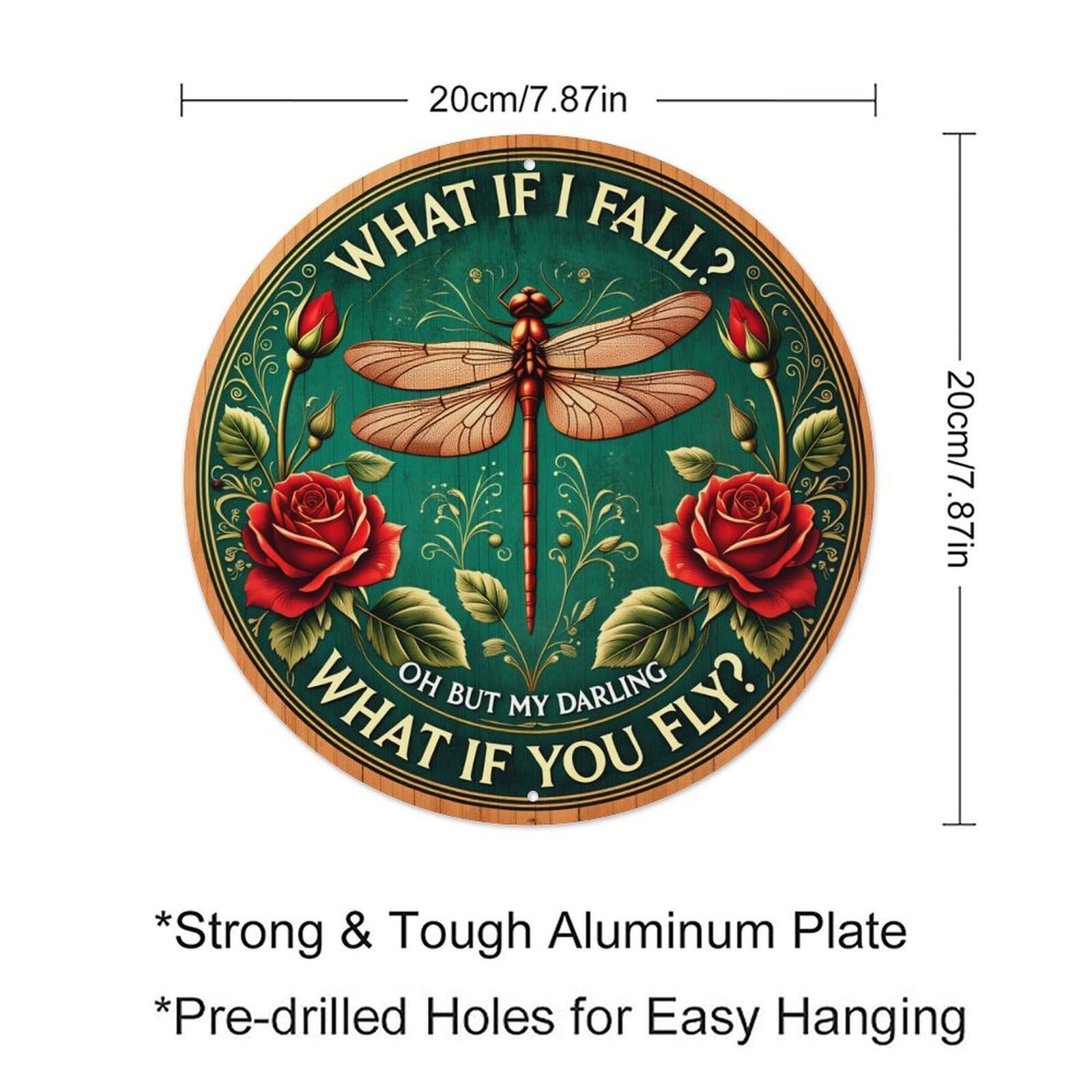 Dragonfly Roses Wood Art Round Tin Sign Vintage Metal Poster, Home Bar Garage Man Cave Cafe Indoor & Outdoor Wall Decoration 8x8Inches