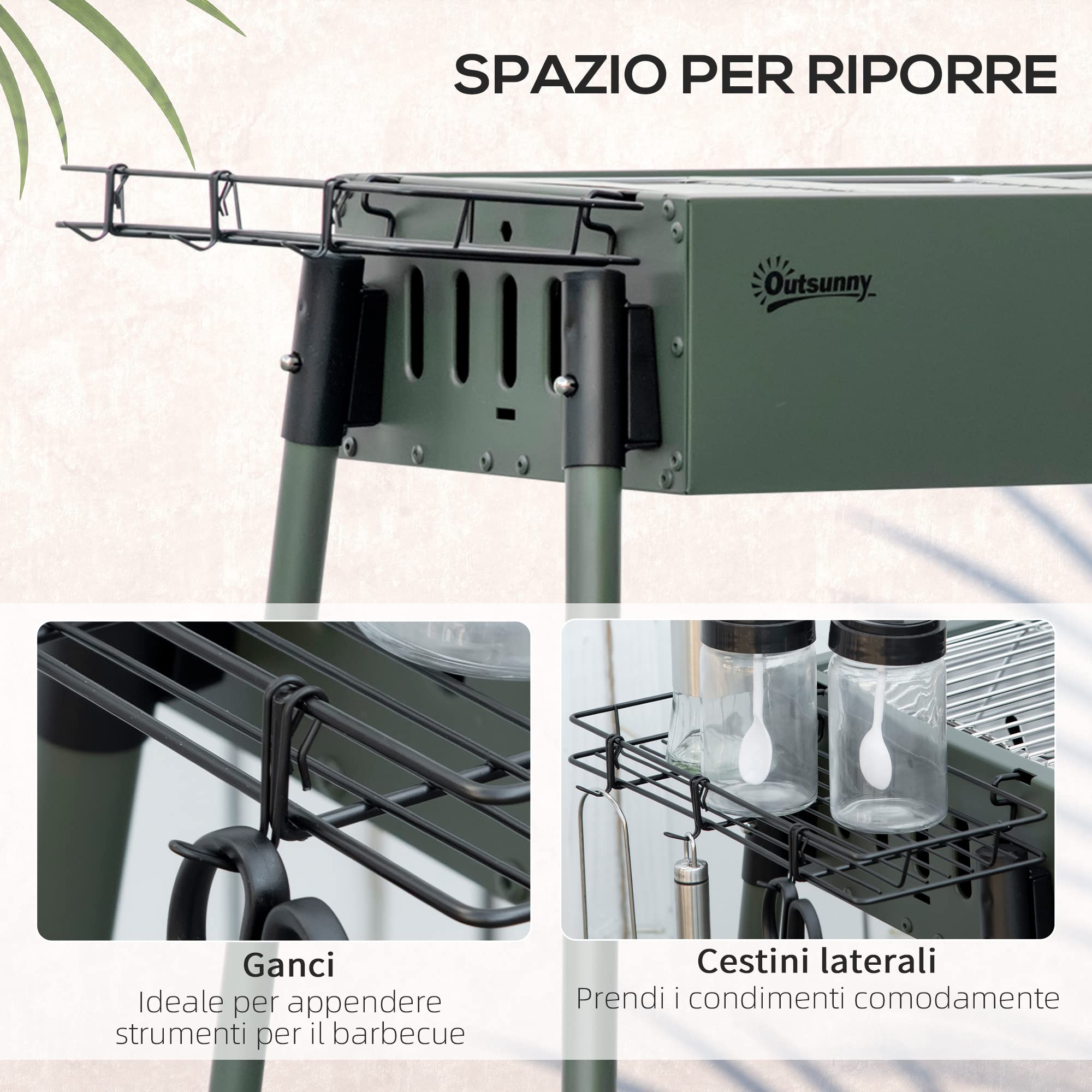 Outsunny Barbecue a Carbonella, BBQ Portatile, 94x39x70cm, Verde Scuro | 2 Griglie in Acciaio, a Carbone, Cestini Laterali, Gambe Rimovibili
