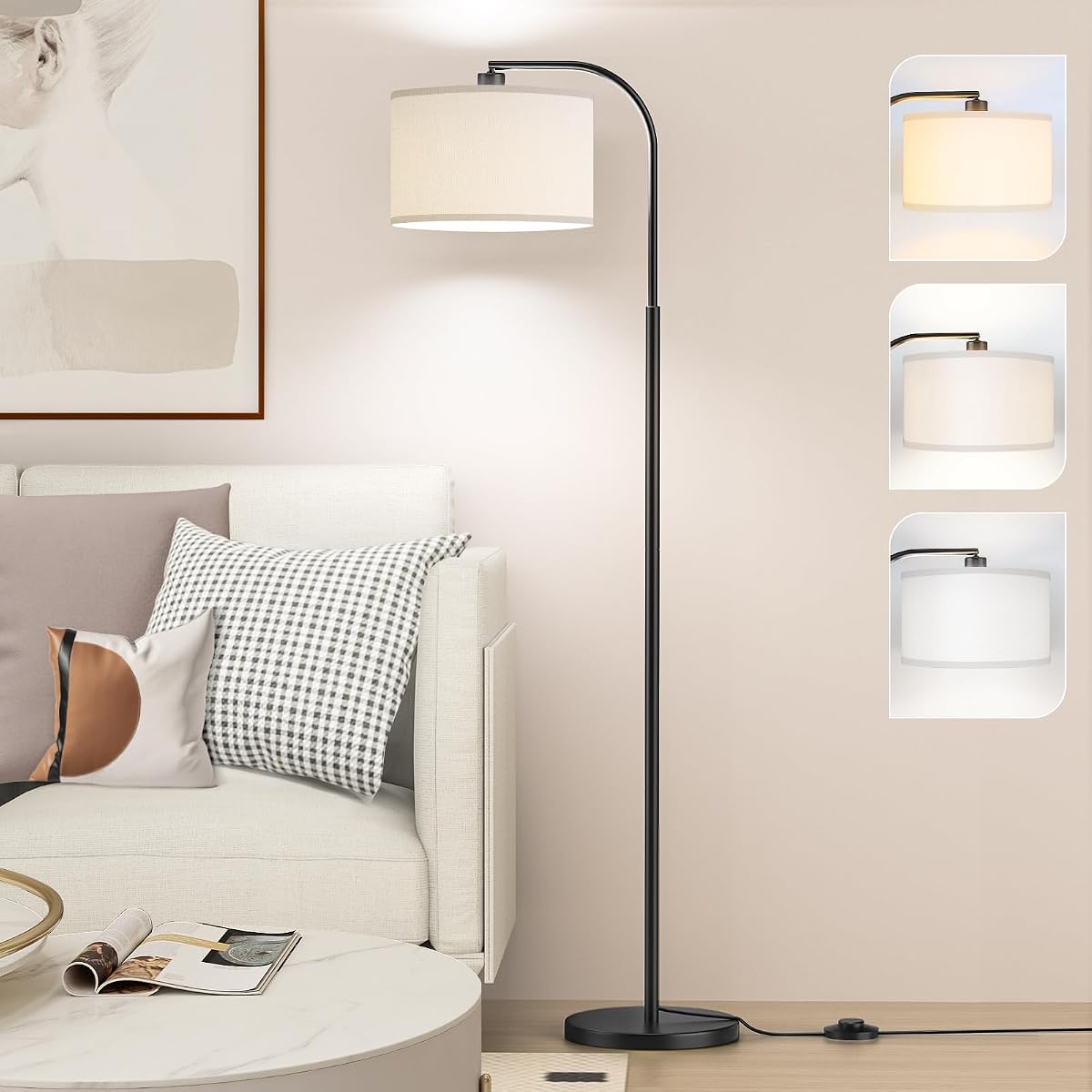 Black Floor Lamp, Arc Floor Lamps for Living Room | 3 Color Temperatures, White Lampshade, Foot Switch, Metal Base, For Living Room Bedroom Office, 9W LED Bulb Included