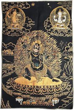 Acxico 1Pcs 36" Tibet Buddhism Silk Cloth Mahakala Wrathful Deity Embroidery Thangka Mural