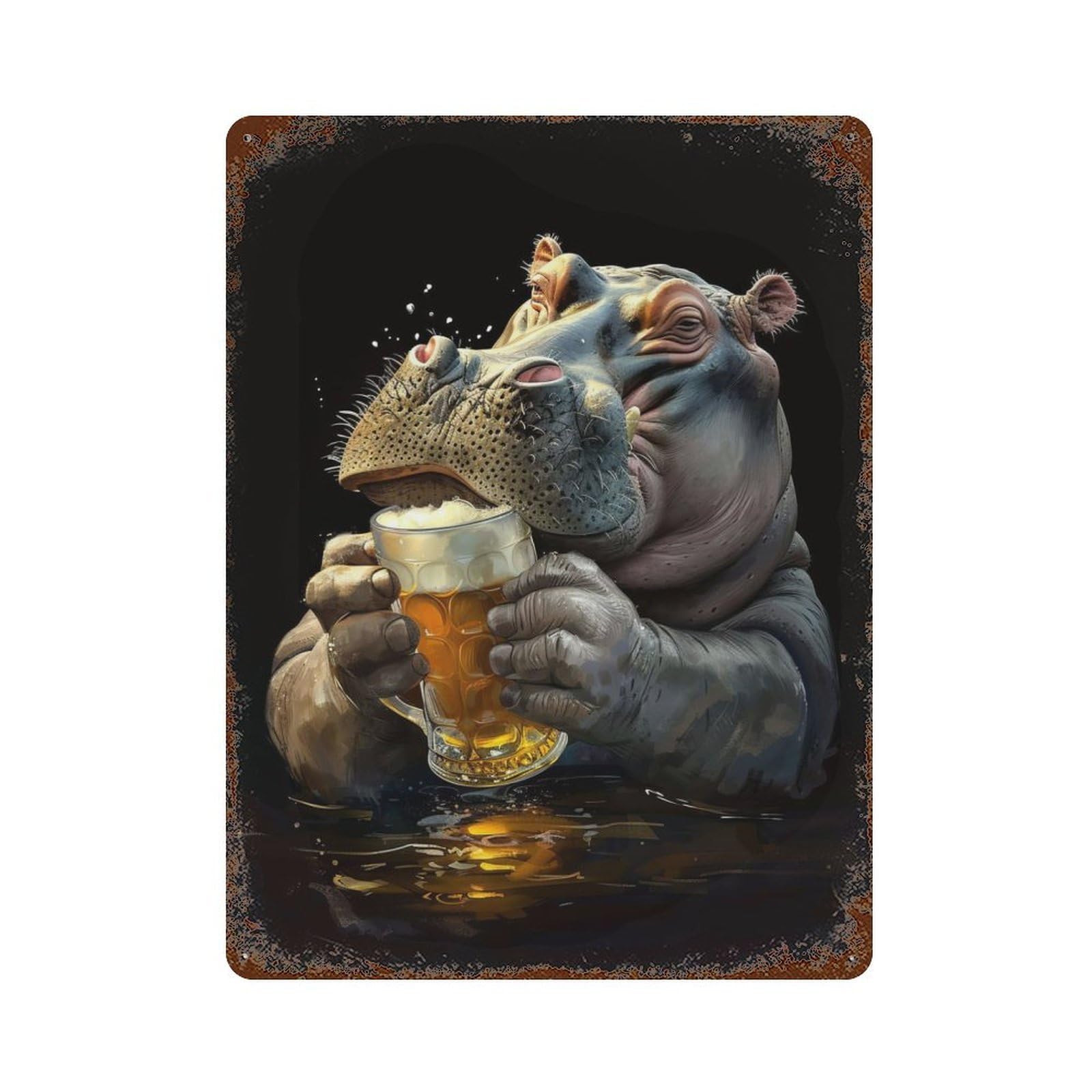 Hippopotamus Beer Rusty Metal Tin Sign 15.7"x11.8", Industrial Home Decor for Garage, Pub Or Kitchen