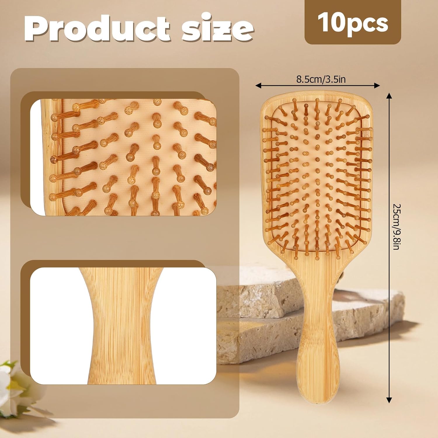 10 Pcs Bamboo Hair Brush Bulk, Hair Brushes Reduce Static Electricity Detangle Hairs Brushes for Women Wood Hairs Brushs Anti Tangle Paddle Brush for Women Men and Children(square)