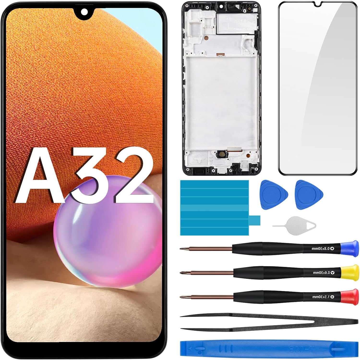 for Samsung Galaxy A32 AMOLED Screen Replacement with Frame OLED Display Touch Digitizer Full Assembly Fix Glass with Repair Tools Kit SM-A325F (A325F A325M A325N)
