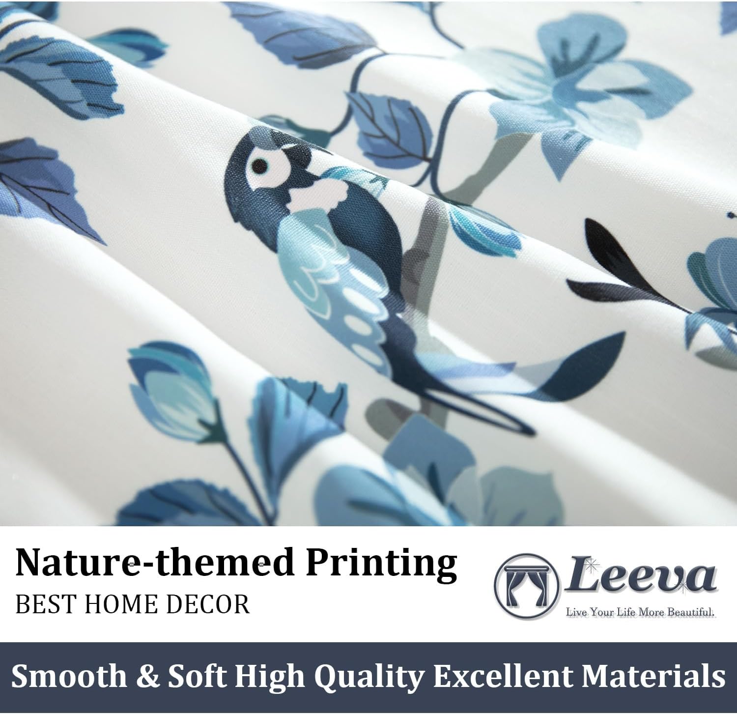 Leeva Home Decor Aesthetic Bedroom Curtains, Linen Look Blue Bird Print Window Curtains, Privacy Drapes 2 Panels Set for Living Room, 52 x 63 Inches, Rod Pocket