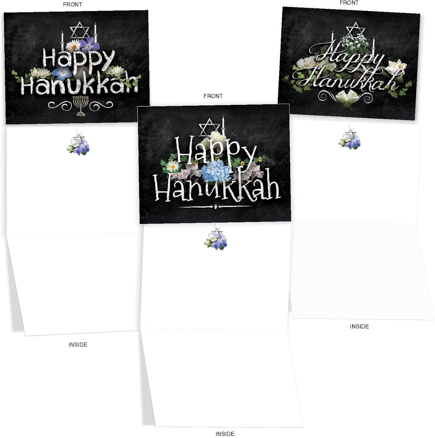 M2358HKBsl Hanukkah Chalk And Roses: 10 Assorted Blank Hanukkah Note Cards Featuring Happy Hanukkah Sentiments in a Chalk Typeface with Holiday Florals - Image 5