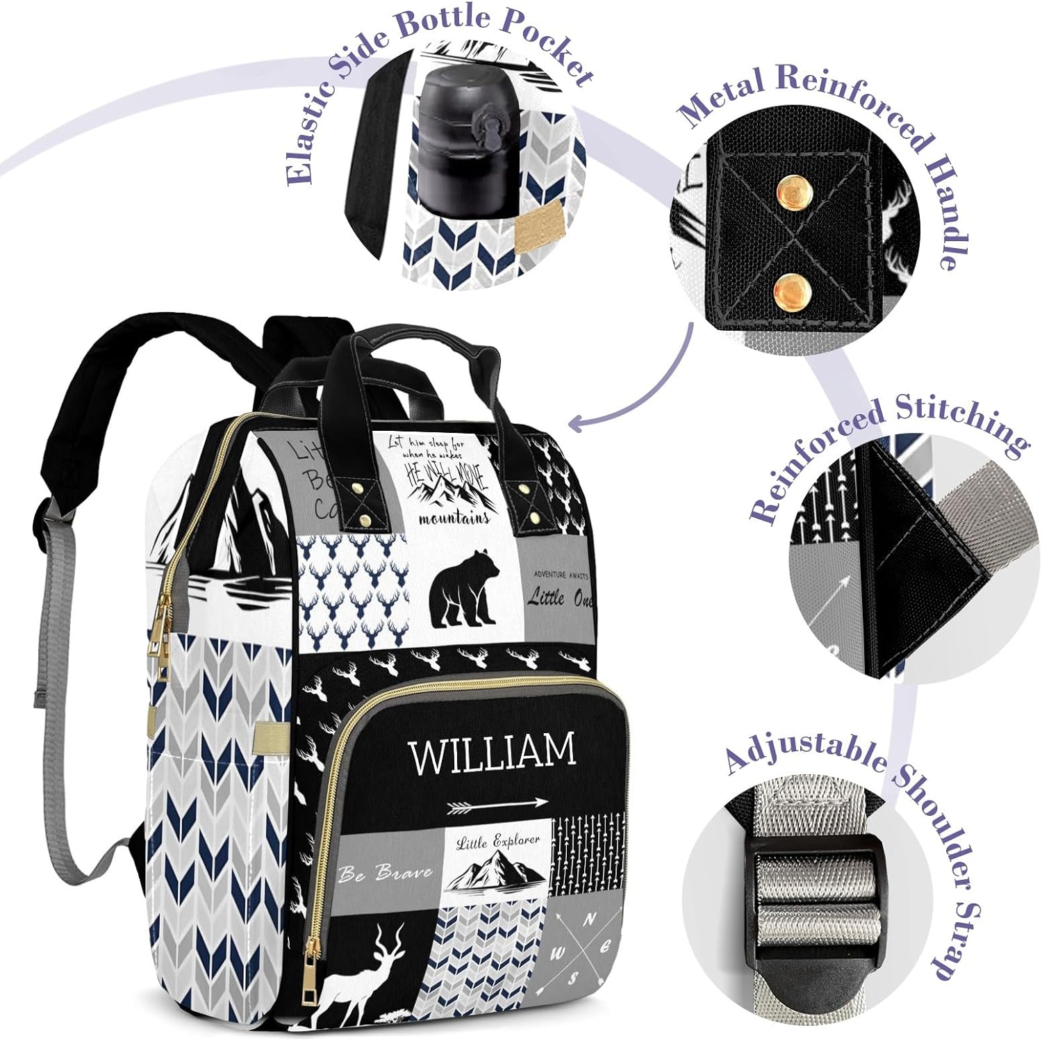 Woodland Deer Personalized Diaper Bag Backpack for Baby Boys Girls with Name Custom Nappy Nursing Bag for Moms Dads, Customized Gift, Large Capacity, Waterproof, Multifunctional