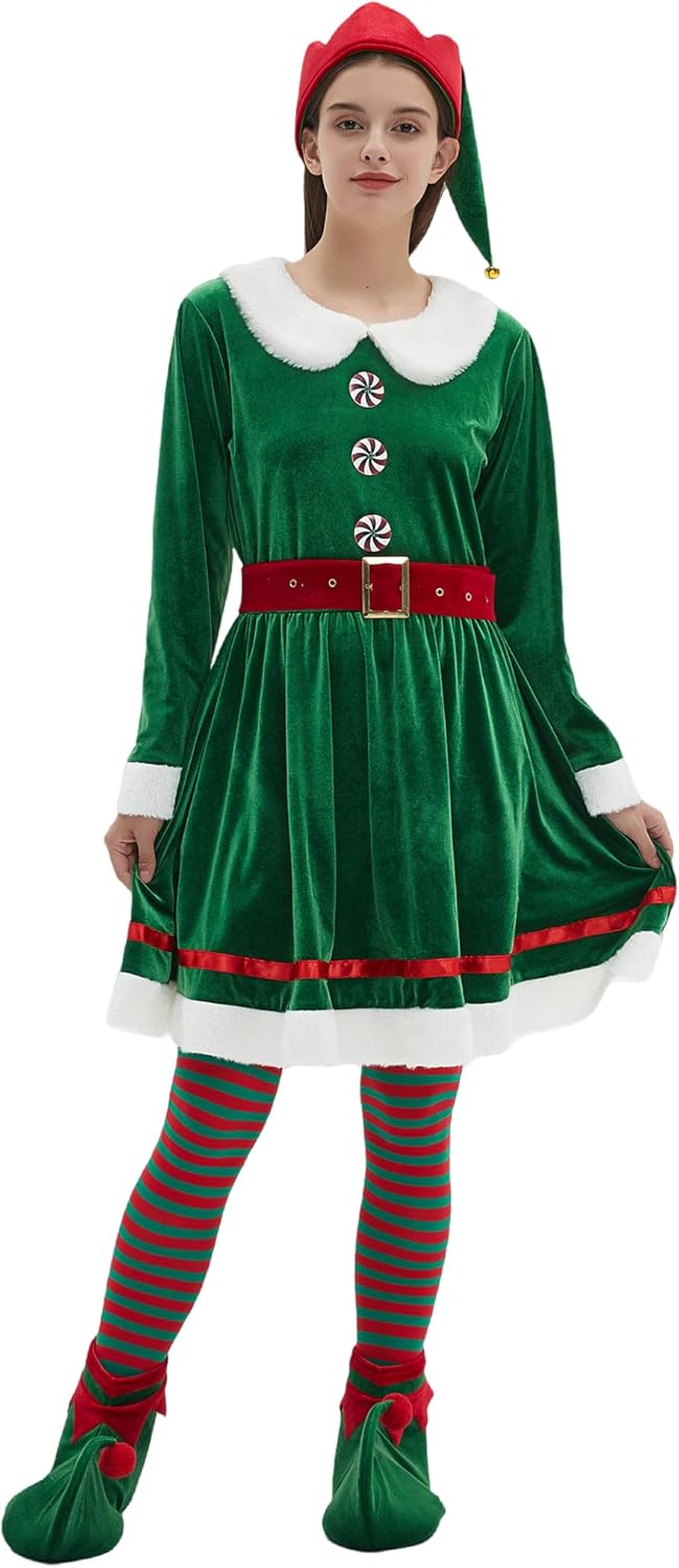 Elf Costume for Women Adult Christmas Costumes Deluxe Velvet Santa Helper 5PCS Set Cosplay Party Plus Size Outfit - Image 2