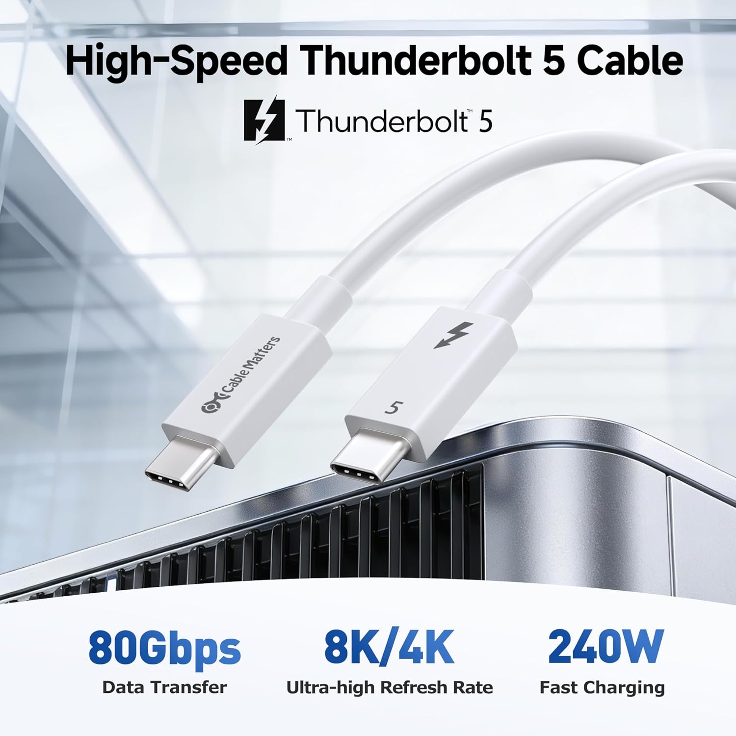 Cable Matters [Intel Certified] 80Gbps Thunderbolt 5 Cable with up to 120Gbps Bandwidth Boost and 240W Charging - 1m / 3.3ft, Compatible with Thunderbolt 4, USB4, and USB C, White - Image 2