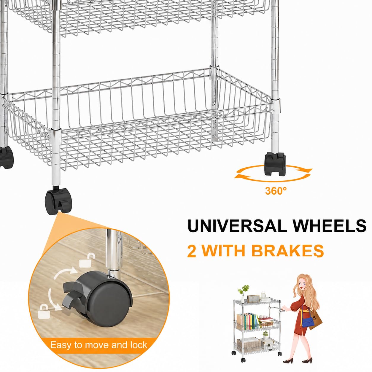 Garvee Carro de cocina con 3 estantes, carrito de metal, altura regulable, cesta y ruedas, carrito multiusos con asa y 2 frenos de estacionamiento para cocina, baño, oficina, cromo plateado, 60 x 35 x