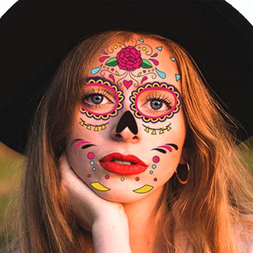 Miniatura 2 de 9 calcomanías temporales de Halloween, Día de los Muertos, Calavera de Azúcar, Tatuajes de Cara para Mujer, Mascarada, Tatuaje de Cara con