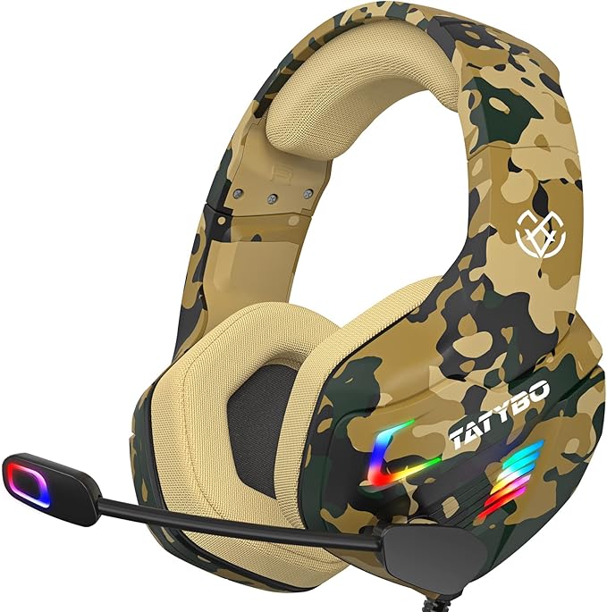 Tatybo Casque Gaming, Casque Gamer avec Microphone Réglable Anti Bruit, Casque Gaming avec RGB LED Lampe Stéréo Basse pour PC Ps5 Ps4 Xbox Switch