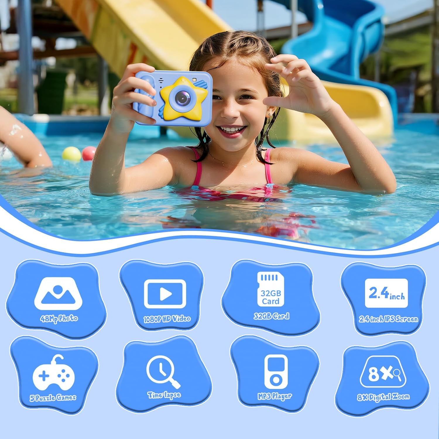 Underwater Camera, 48MP 5FT Waterproof Digital Camera with 32GB Card, Autofocus Floatable Waterproof Camera with HD Screen, 8X Digital Zoom, for Kids Water Park, Swimming (Star Style, Blue)