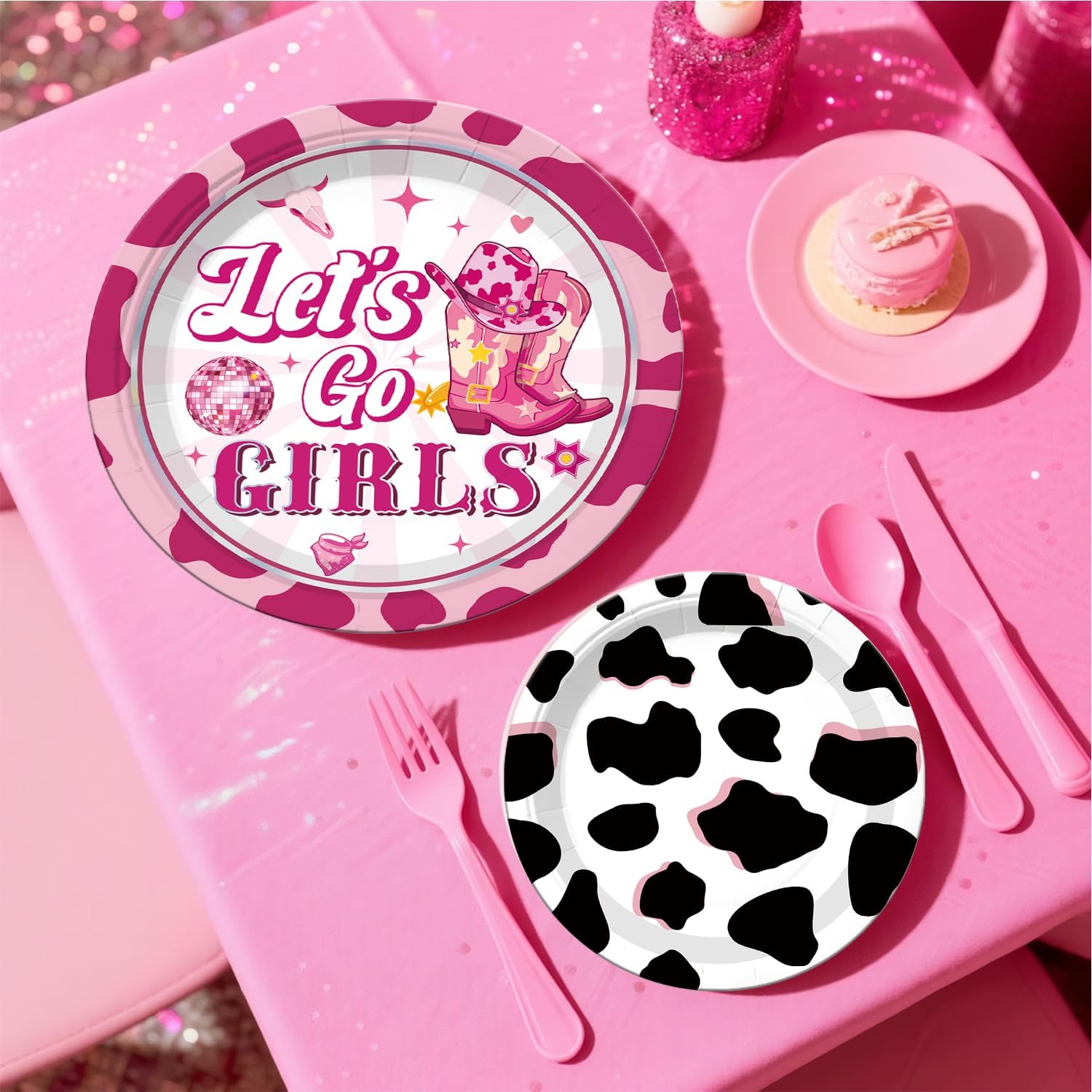 Cowgirl Birthday Party Decorations Pink Western Girl Banner Cake Decorations Disco Cowgirl Plates and Napkins Set for Rodeo Hot Pink Let's Go Girls Party Supplies - Image 5