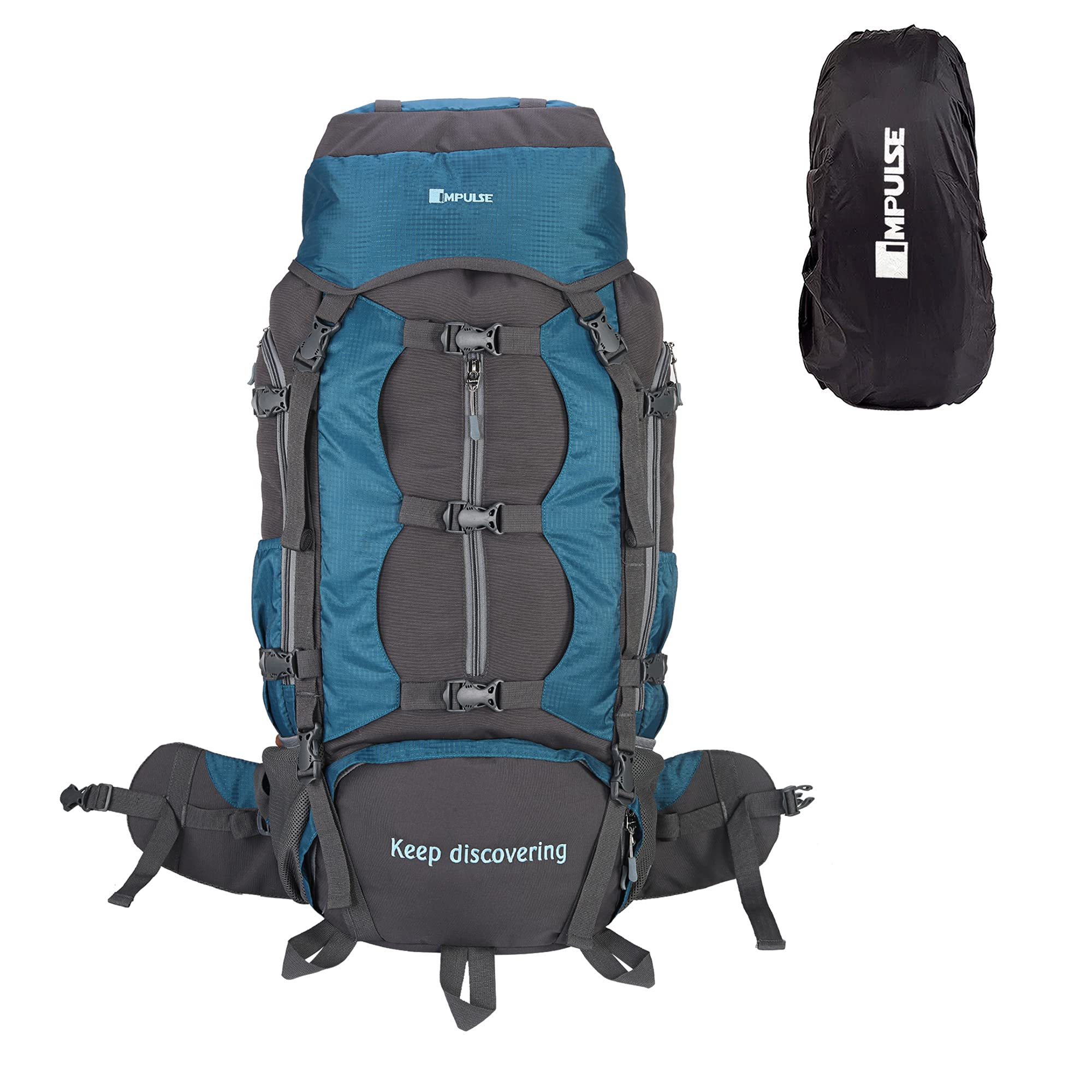 Impulse90 Litre Buckle Up Waterproof Rucksack Trekking Hiking Camping Outdoor Camps Luggage Bags Tour Travel Backpack with Rain Cover, Teal Blue, One Size, Rucksack Backpacks