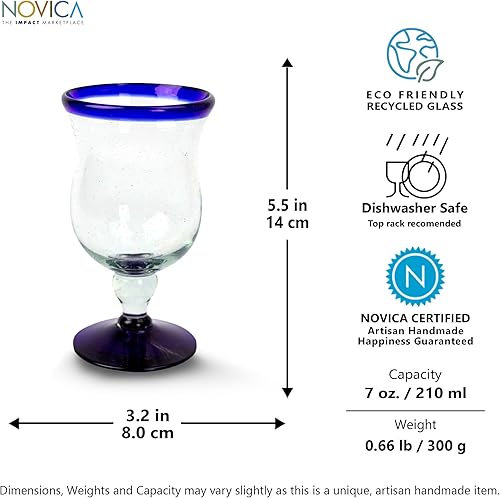 Miniatura 5 de NOVICA Artisan - Copas de vino de vidrio reciclado soplado a mano con borde azul transparente, 7 onzas, 'primavera' (juego de 6)