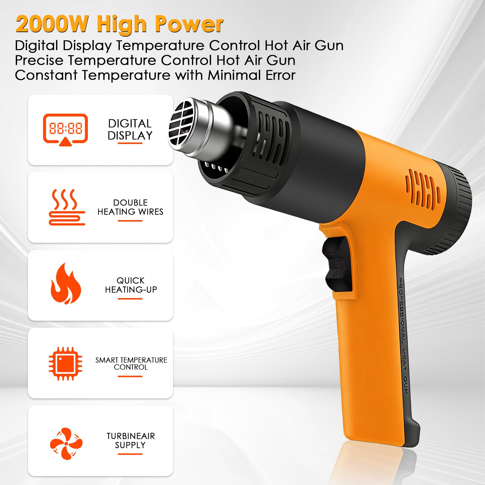 Pistola ad aria calda da 2000 W, struttura dell'ugello con protezione da scottature, temperatura e flusso d'aria regolabili da 50 °C a 700 °C, con protezione da sovraccarico e ideale per fai da te