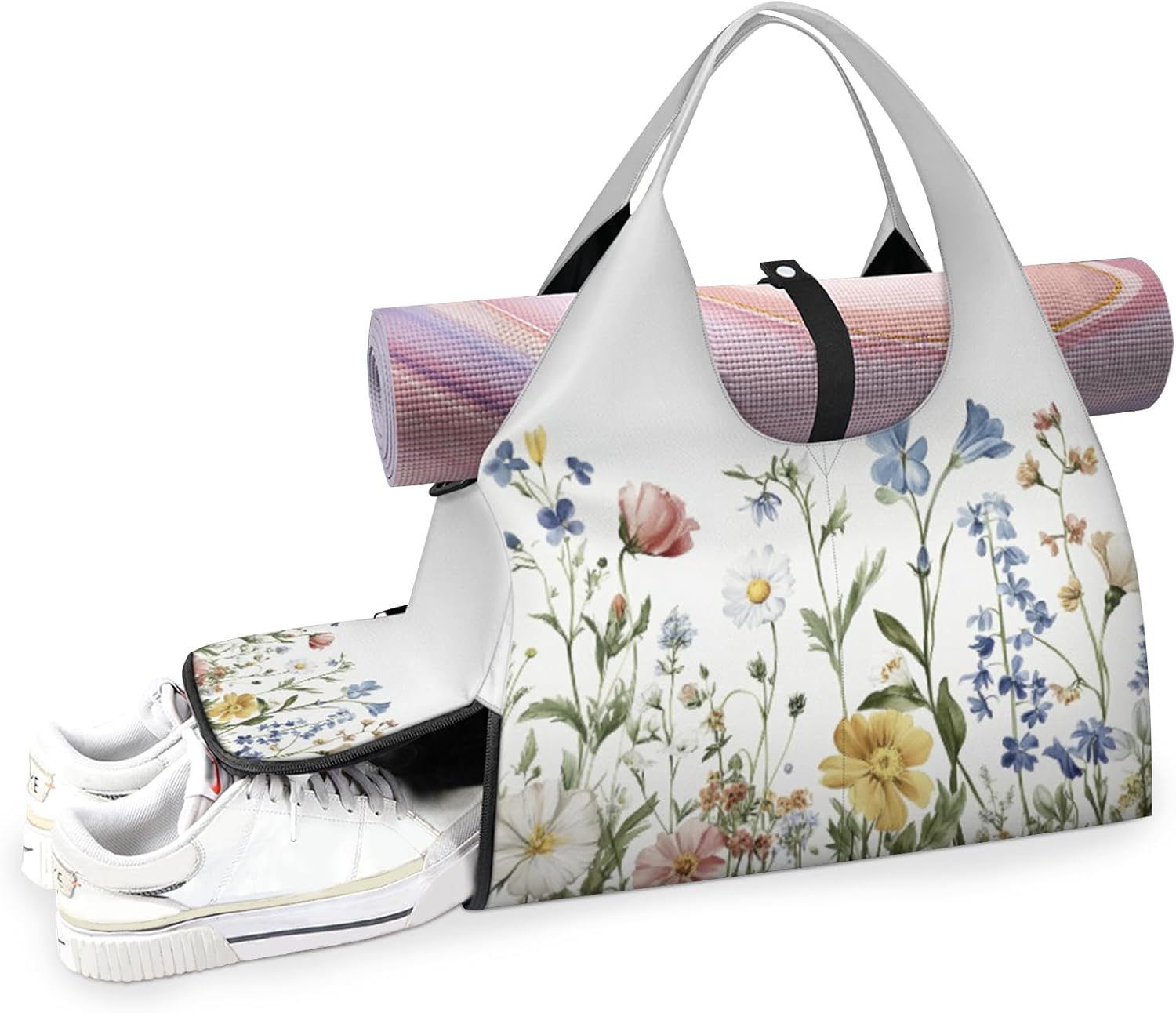 Yoga Gym Bag for Women, Flower Gym Bag with Yoga Mat Holder, Duffel Bag, Sport Bag with Shoe Compartment and Wet Dry Storage Pockets, Suitable for Gym, Travel, Pilates and Beach