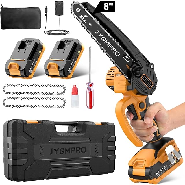 JYGMPRO Mini Chainsaw 8 Inch, Cordless Chainsaw Brushless Motor with 2×2.0AH Batteries, 2 Chains, 10m/s Chain Speed Electric Handheld Chainsaw for Branch Wood Cutting Garden Tree Logging Trimming