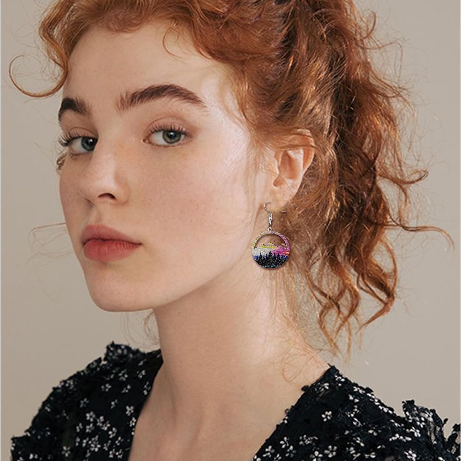Wooden Snow Mountain Teardrop Earrings Handmade Bohemian Lightweight Hollow Colorful Vintage Wood Dangle Drop Earring with Tree Pattern for Women Statement Outdoor Enthusiast Jewelry Gifts image 4
