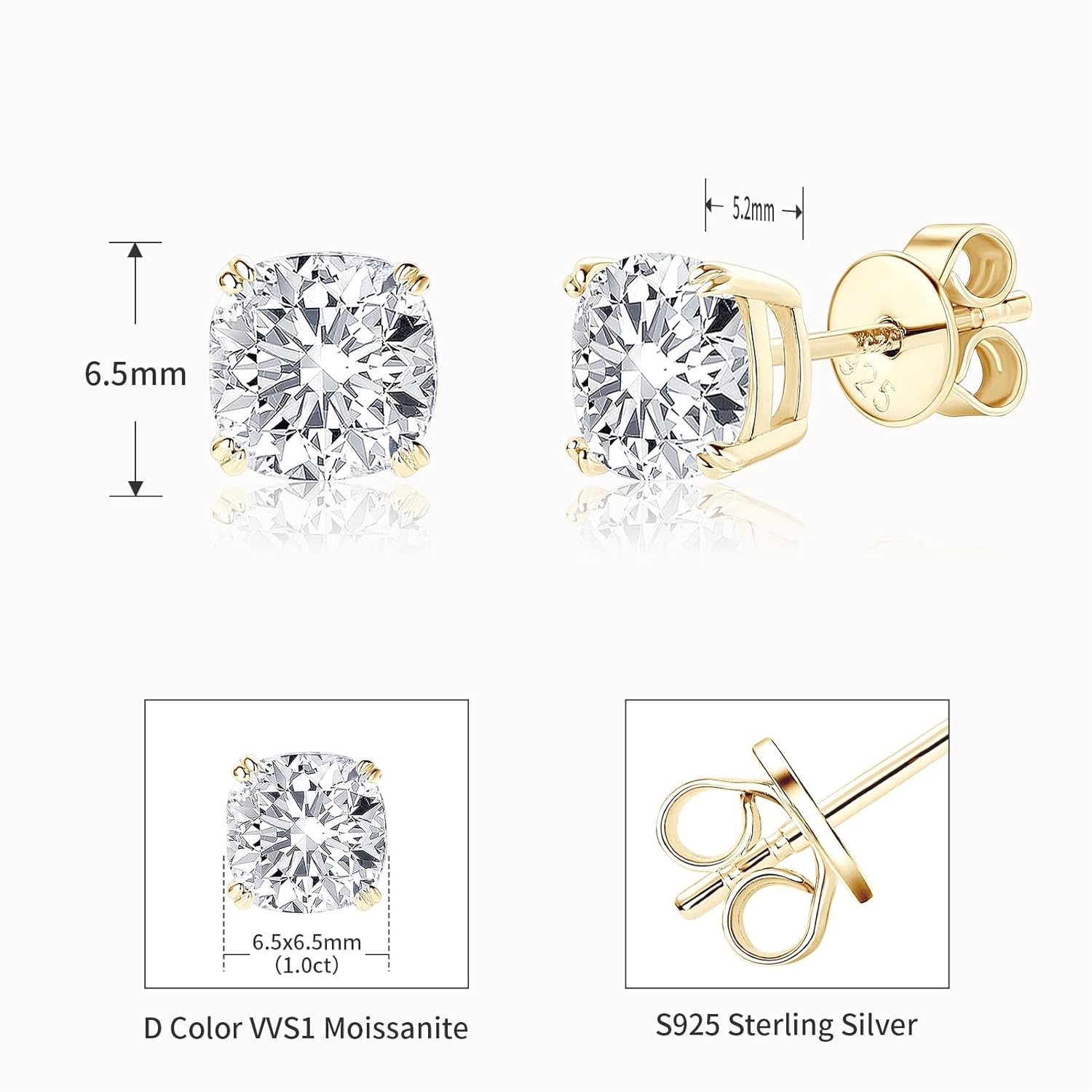 Cushion Cut Moissanite Stud Earrings, 3cttw D Color VVS1 925 Sterling Silver Trendy 4 Prong Earrings for Women or Men Birthday Jewerly Gifts - Image 3