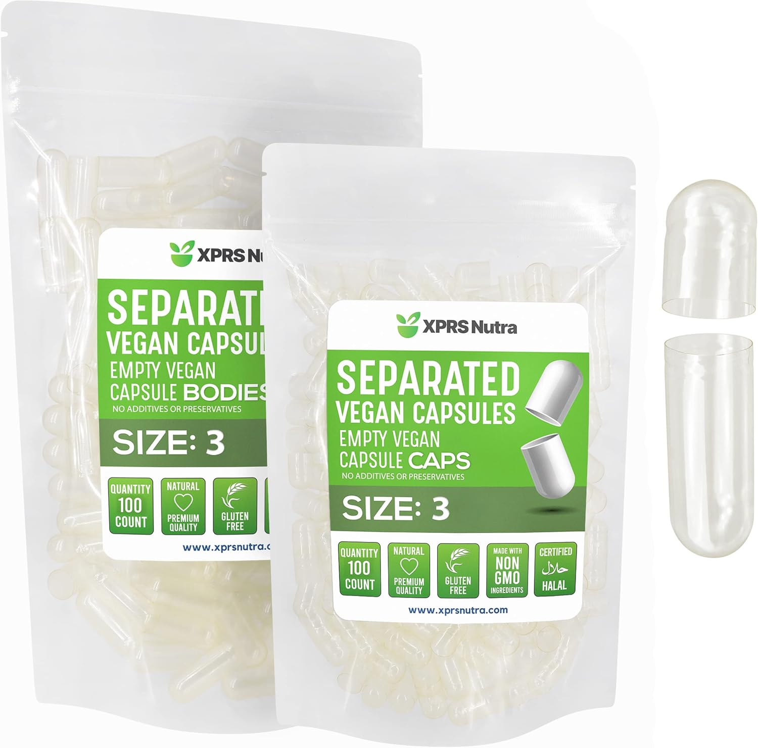 XPRS Nutra Vegan Size 3 Separated Capsules- 100 Count Premium Empty Caps Separated in Bags - Clear Empty Capsules - Pills for DIY Supplement Filling