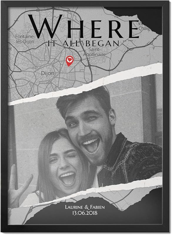 Cadre photo personnalisé pour couple Old School, Lieu de rencontre, date de rencontre, photo et texte personnalisable, cadeau Homme Femme, Saint-Valentin, Amoureux, Cadeau couple