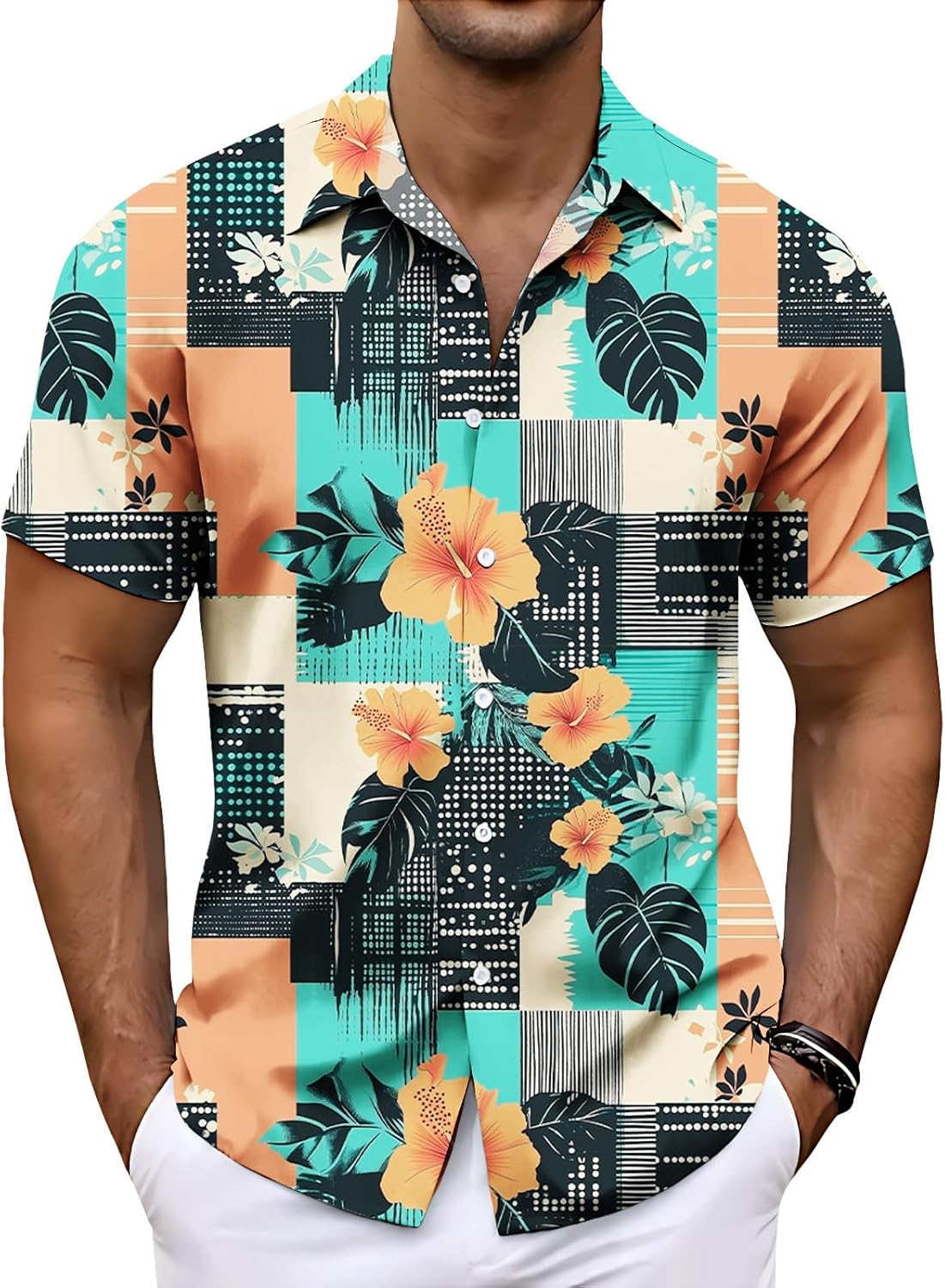 Mens Short Sleeve Button Down Shirt Feather Print Lightweight Casual Summer Beach Vacation Top Classic Loose Fit