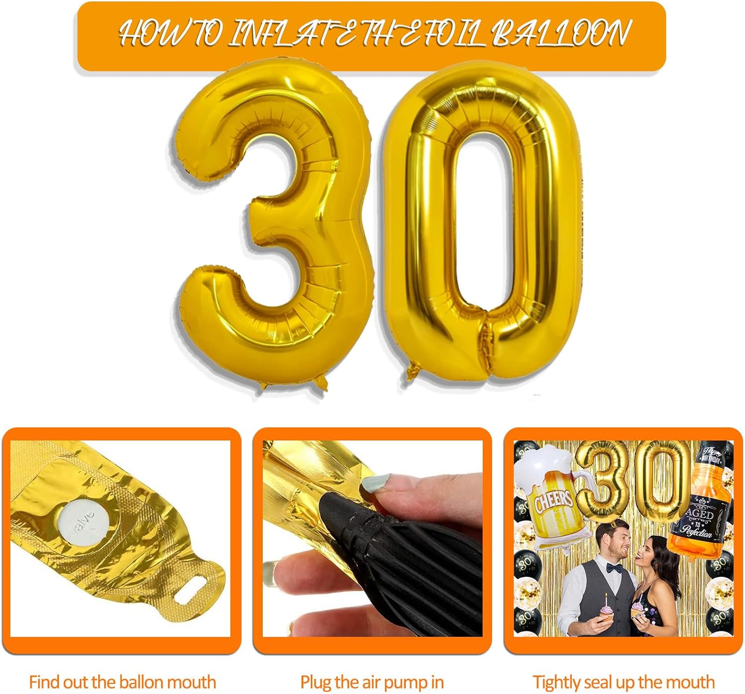 30th Birthday Decorations for Him, 30 Birthday Decorations for her with 40 Inch Gold 30 Number Balloons, Cheers to 30 Years Banner,Fringe Curtains and Cups Foil Balloons - Image 3