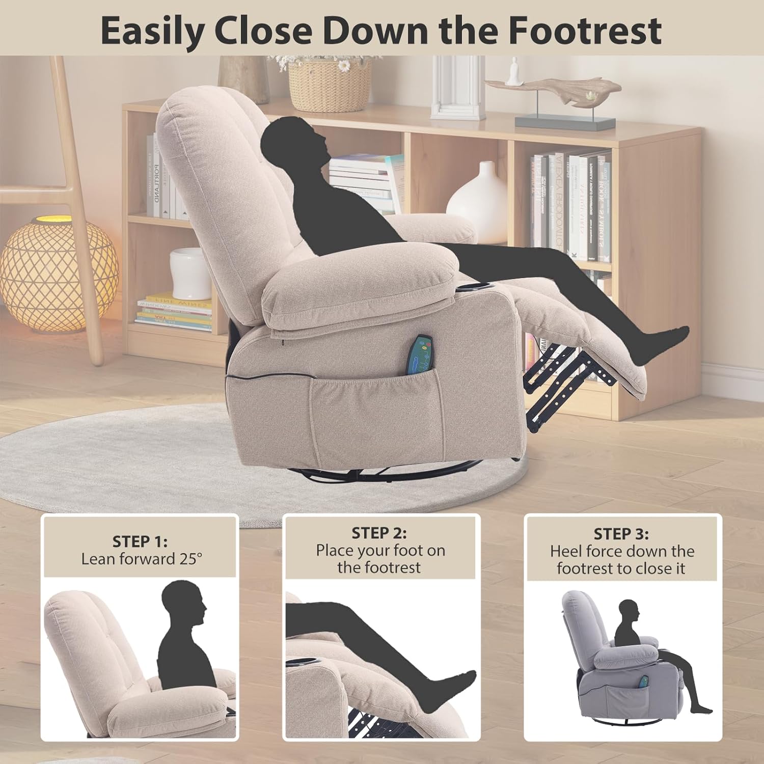 Rocker Recliner Chair with Massage and Heat, Oversized Rocking Nursery Recliners Chair Overstuffed Swivel Glider with Cup Holder, Fabric Manual Single Sofa for Living Room, Beige