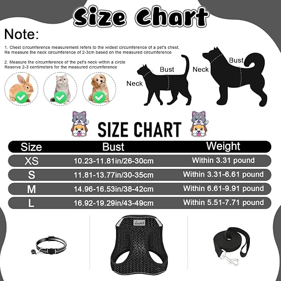 3Pcs Cat Harness and Lead Set, Adjustable Reflective Soft Breathable Mesh Vest, Collar with Bell Escape Proof, Comfortable Lightweight for Small Medium Cats Dogs Pets Walking