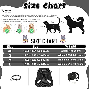 3Pcs Cat Harness and Lead Set, Adjustable Reflective Soft Breathable Mesh Vest, Collar with Bell Escape Proof, Comfortable Lightweight for Small Medium Cats Dogs Pets Walking