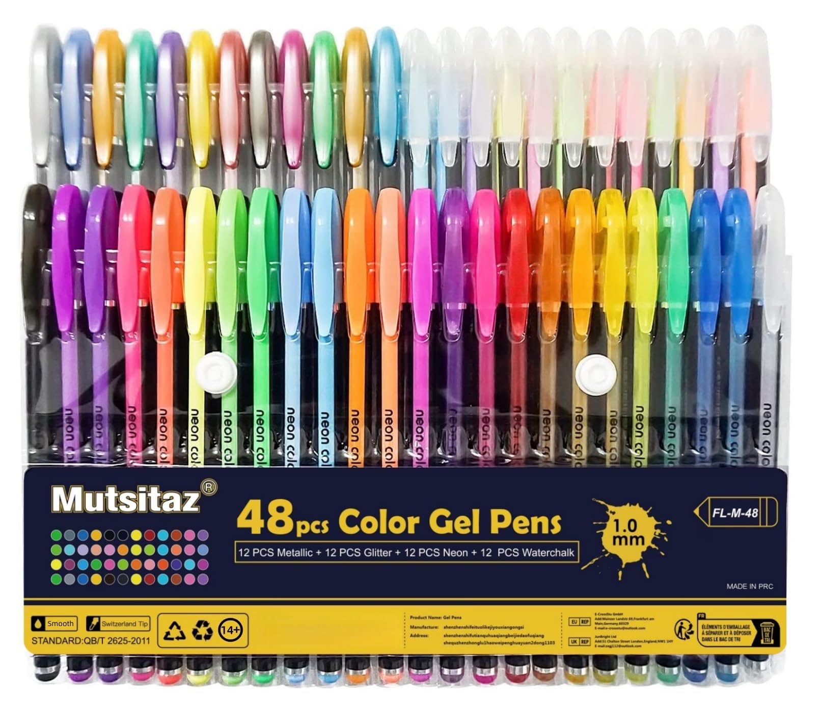 Mutsitaz Set di 48 Penne Gel Colorate -12 glitter, 12metallico,12neon glitterato,12 pastello -per colorare libri per adulti e marcatori per disegnare