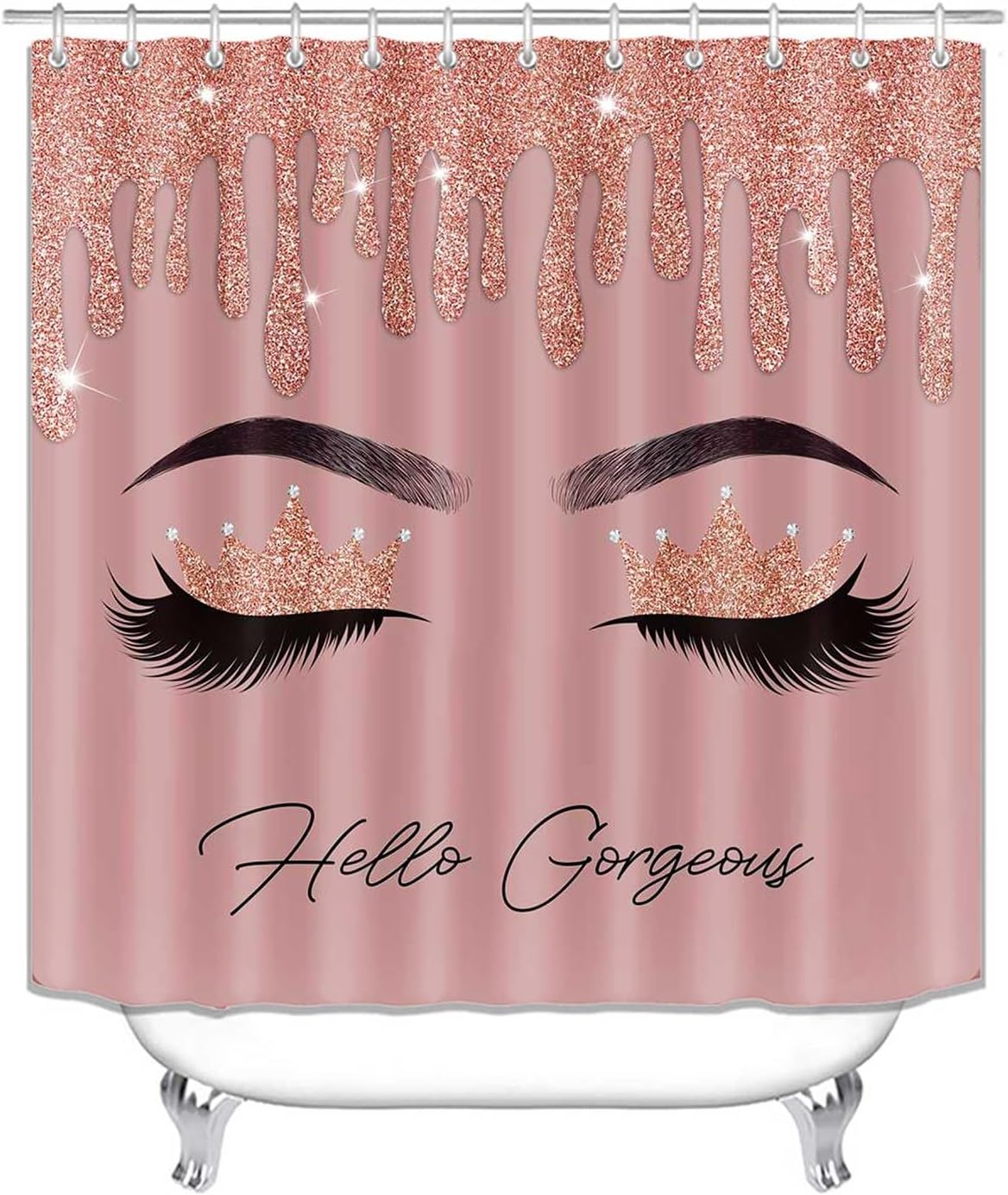 4PCS Hello Gorgeous Shower Curtain Set, Rose Gold Glitter Drip Bling Glam Diamond Crown Princess Unicorn Eyelash Girls Pink Bathroom Decor, Waterproof Fabric Shower Curtain Bath Mat Toilet Rug
