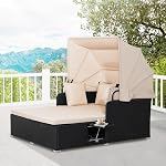 RELAX4LIFE Patio Outdoor Daybed with Canopy, Wicker Sunbed w/Cushions, 4 Pillows & 2 Retractable Side Trays, 2-Person Lounge Bed Conversation for Poolside Porch Garden, Rattan Outdoor Bed (Beige)