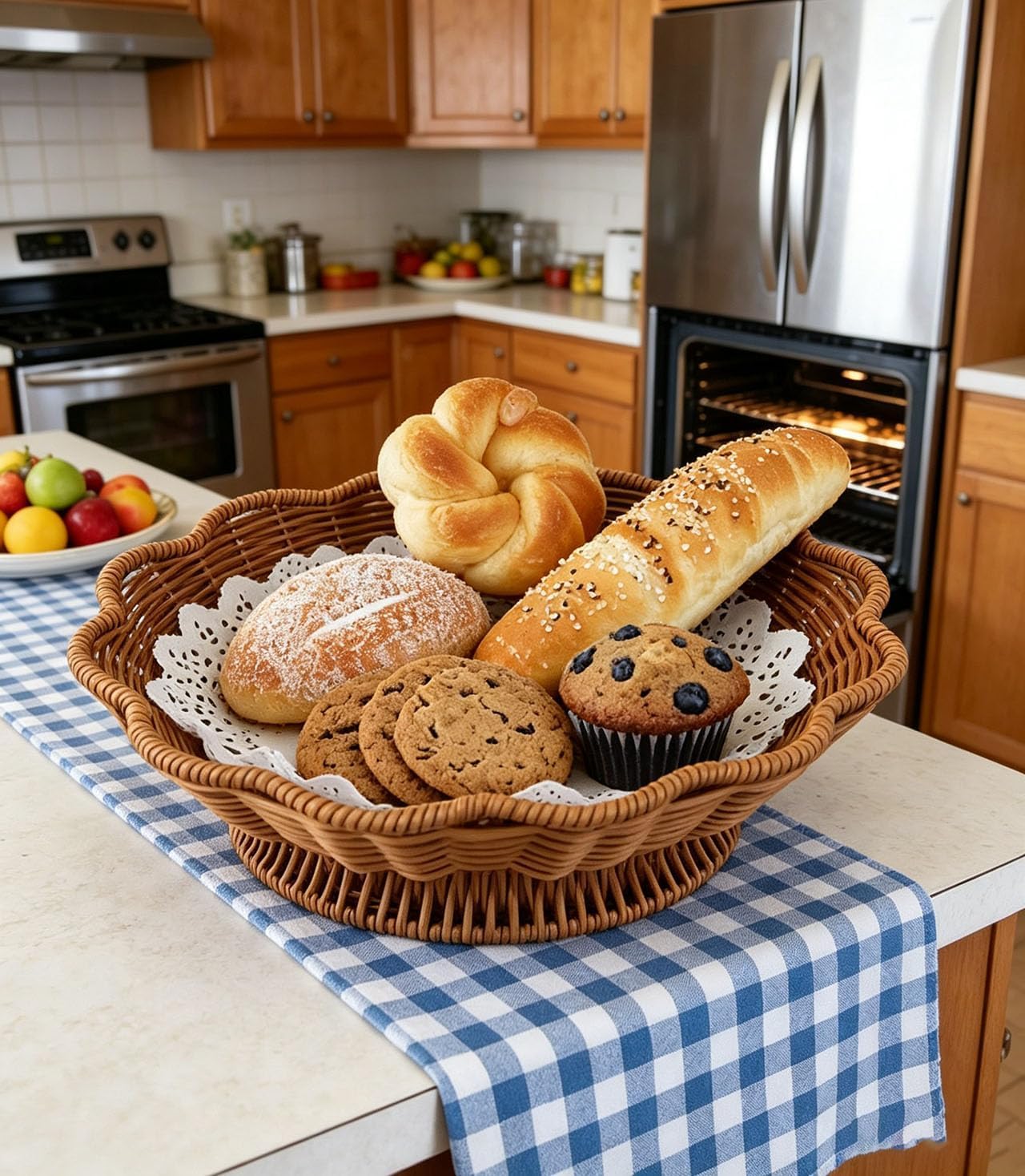 Round Woven Fruit Basket for Counter, Round Wicker Bowl, Egg Collecting Basket, Reusable Handwoven Baskets Living room, Kitchen, Store, Restaurant, Party (Brown, Shallow Pedestal)