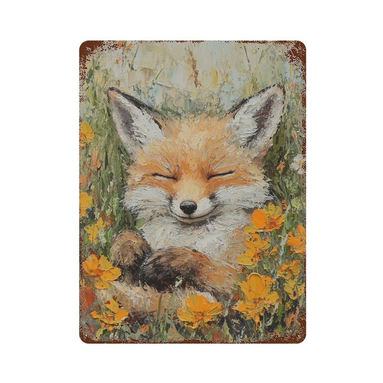 Sleepy Fox in Flowers Decorative Tin Sign 15.7"x11.8", Retro Wall Decor for Garage, Pub Or Kitchen