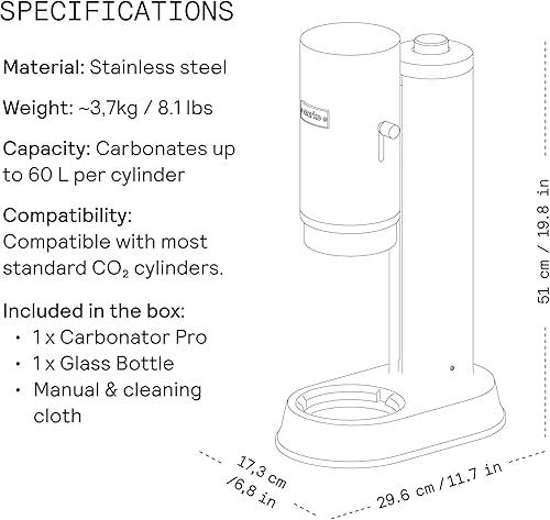 Miniatura 8 de Aarke Carbonator Pro, máquina de agua con gas y carbonatación, acero inoxidable con botella reutilizable de vidrio, volumen de 800 mL27 fl oz (acero