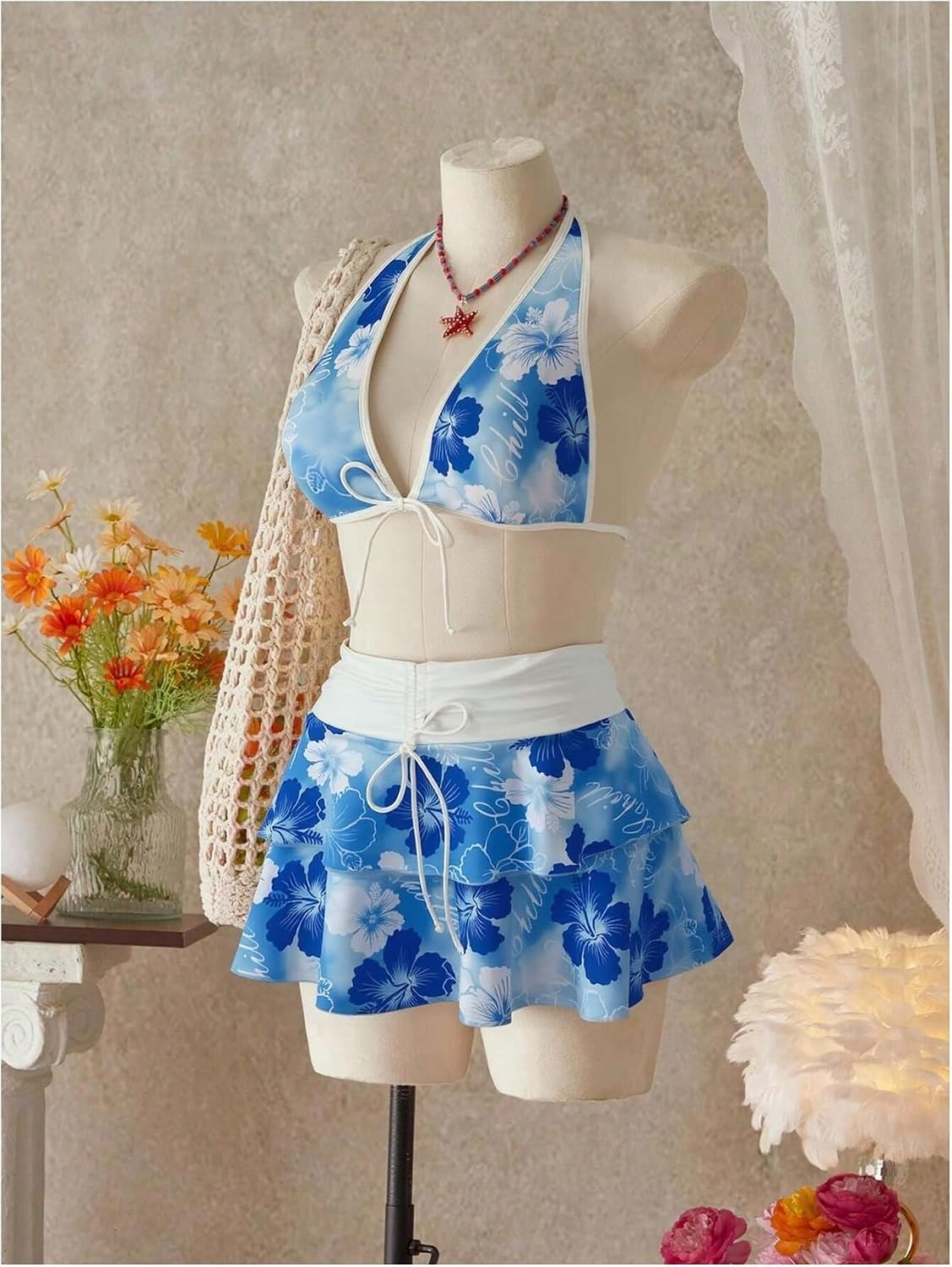 Verdusa Women's 3 Piece Boho Floral Halter Bikini Set Tie Back Swimsuit with Cover Up Skirt Vacation Outfits