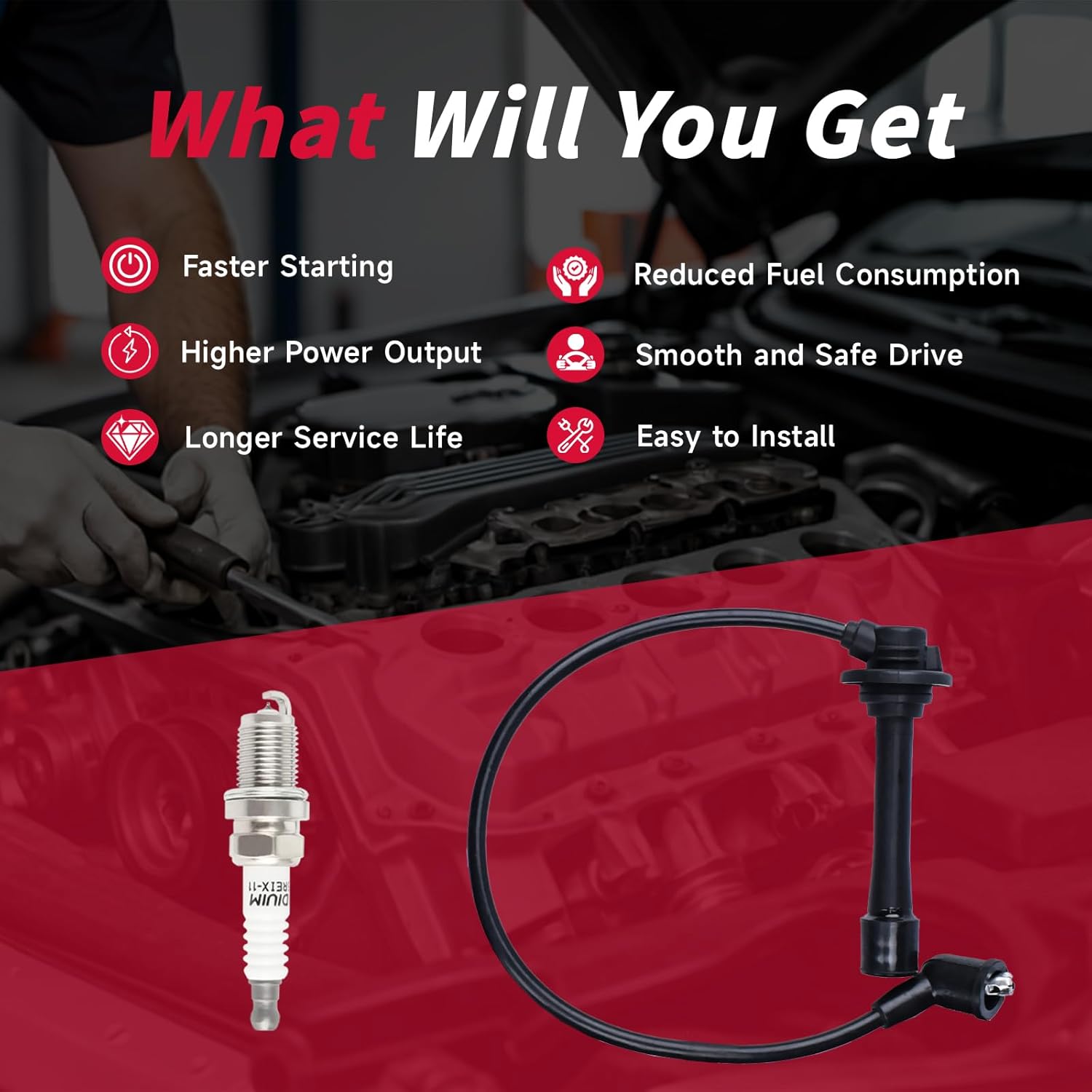 Set of 4 PCS Ignition Spark Plug Wires 9160 RC-ZE21 55108 934J 0000-18-121A B61P-18-140B B61P-18-140C BPE8-18-140 & 4 Iridium Spark Plugs Set Compatible with Mazda 1990-2000 Miata L4 1.8L