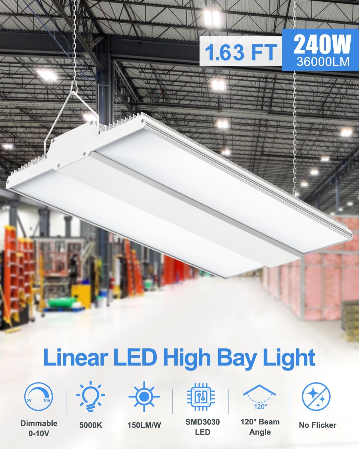ADUB 240W LED Linear High Bay Light, 36000LM 1.63FT, UFO LED High Bay Light 150W 100W 80W Adjustable, UL Listed