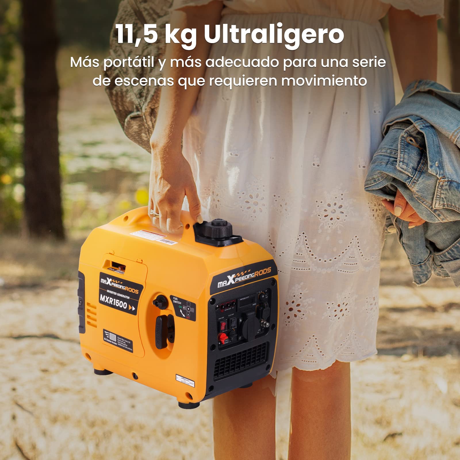 maXpeedingrods Generador Electrico Gasolina Portátil 1200W, Silencioso y Ligero con Inversor, Motor de Gas de 4 Tiempos, con Salidas AC/USB para Autocamping, Viajes en Caravana, Exteriores