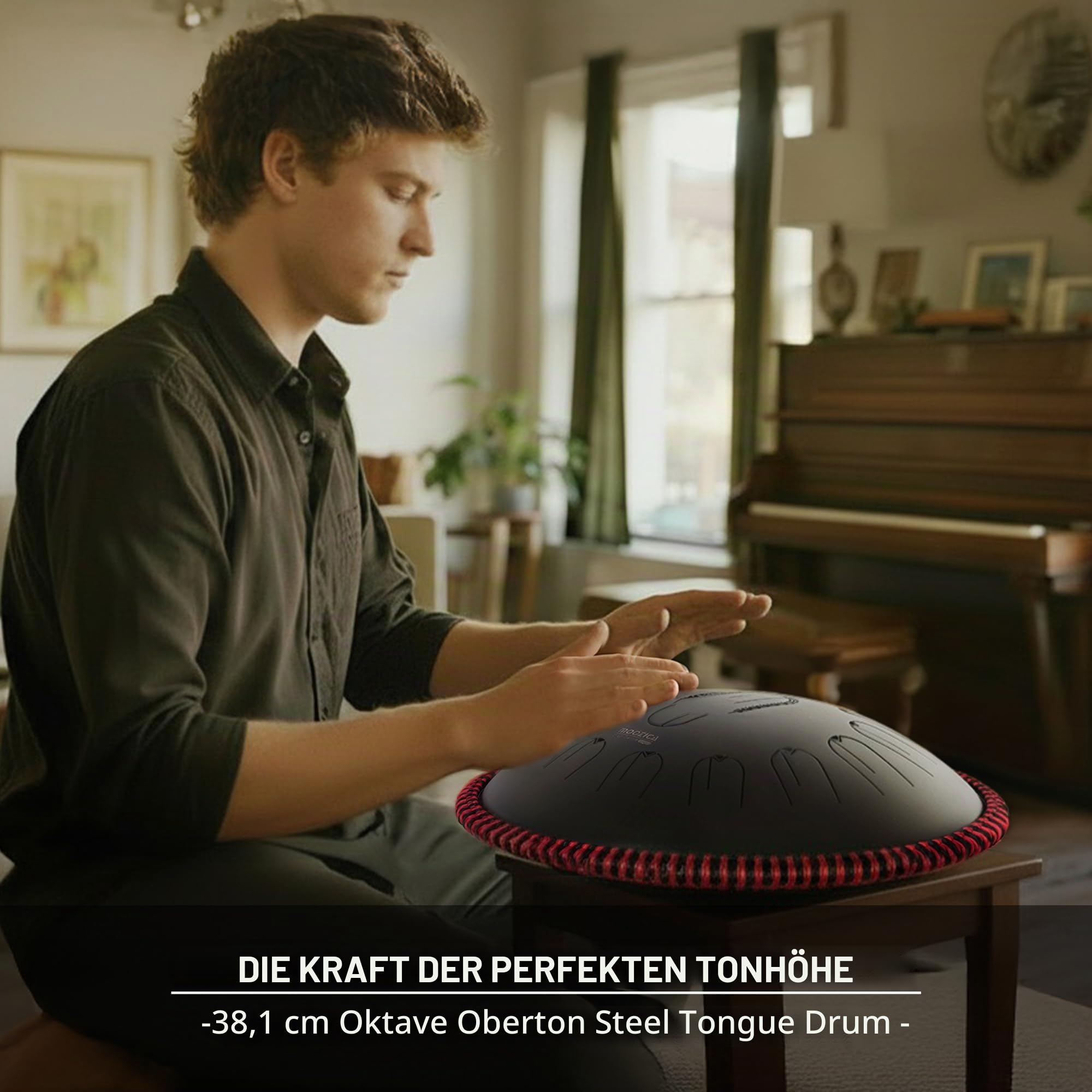 MOOZICA 15 Zoll Stahl-Handpan-Zungentrommel – 15 Töne in C-Dur, 440Hz, Zungentrommel mit Oktav-Oberton-Design – Professionelles Percussion-Zungentrommelinstrument mit Tragetasche (Schwarz, 440hz)