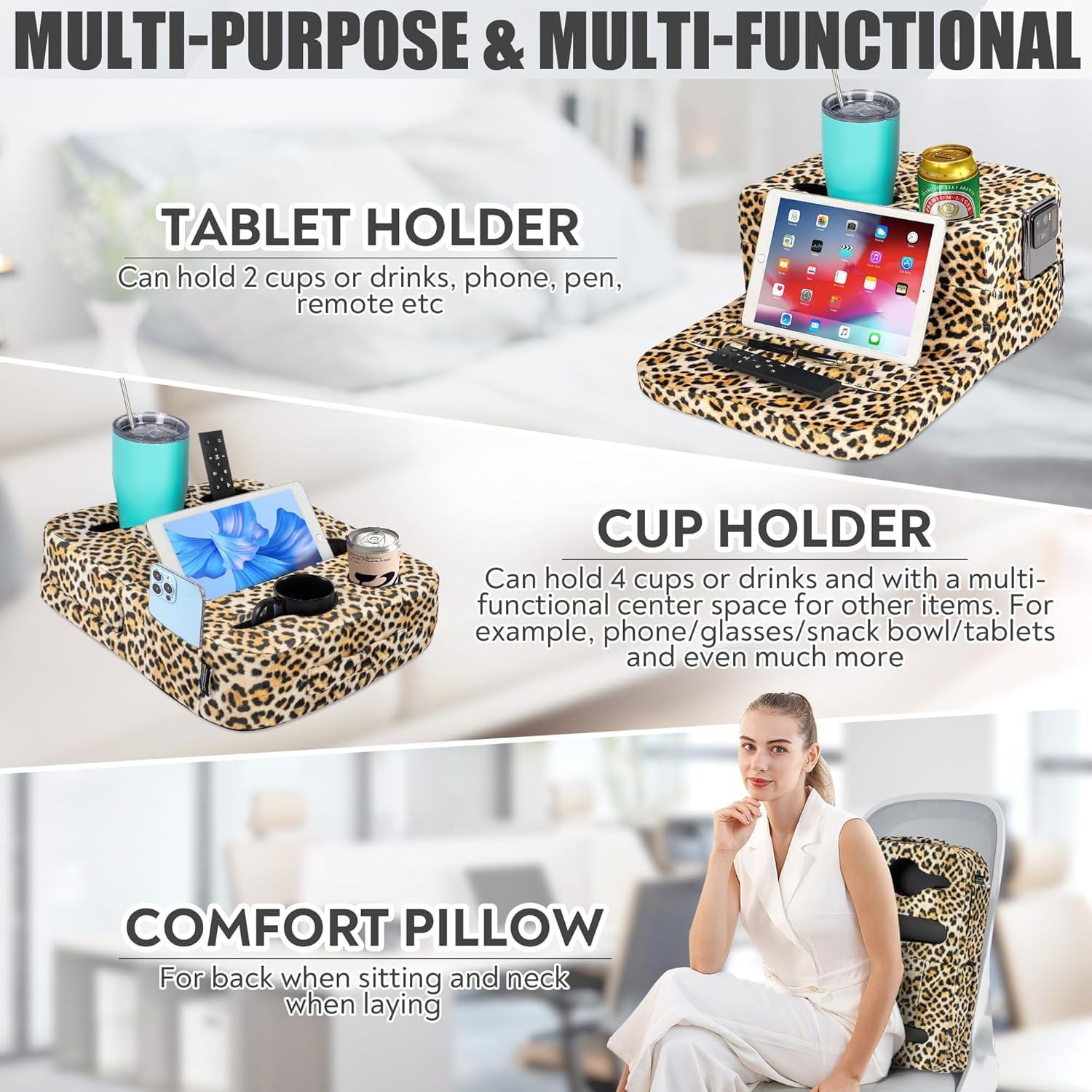 TabCouchCaddy - Couch Cup Holder Tray Pillow - Bed, Couch Caddy, Sofa, RV & Car - Holds Drinks, Snacks, Remotes, Phones, Kindle, Tablet | Bed Cup Holder (): Leopard