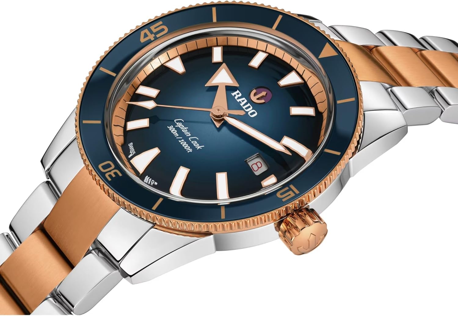 Rado Captain Cook Automatic Blue Dial, Date Display, Super Luminova Indexes and Rose Gold and Silver Bracelet