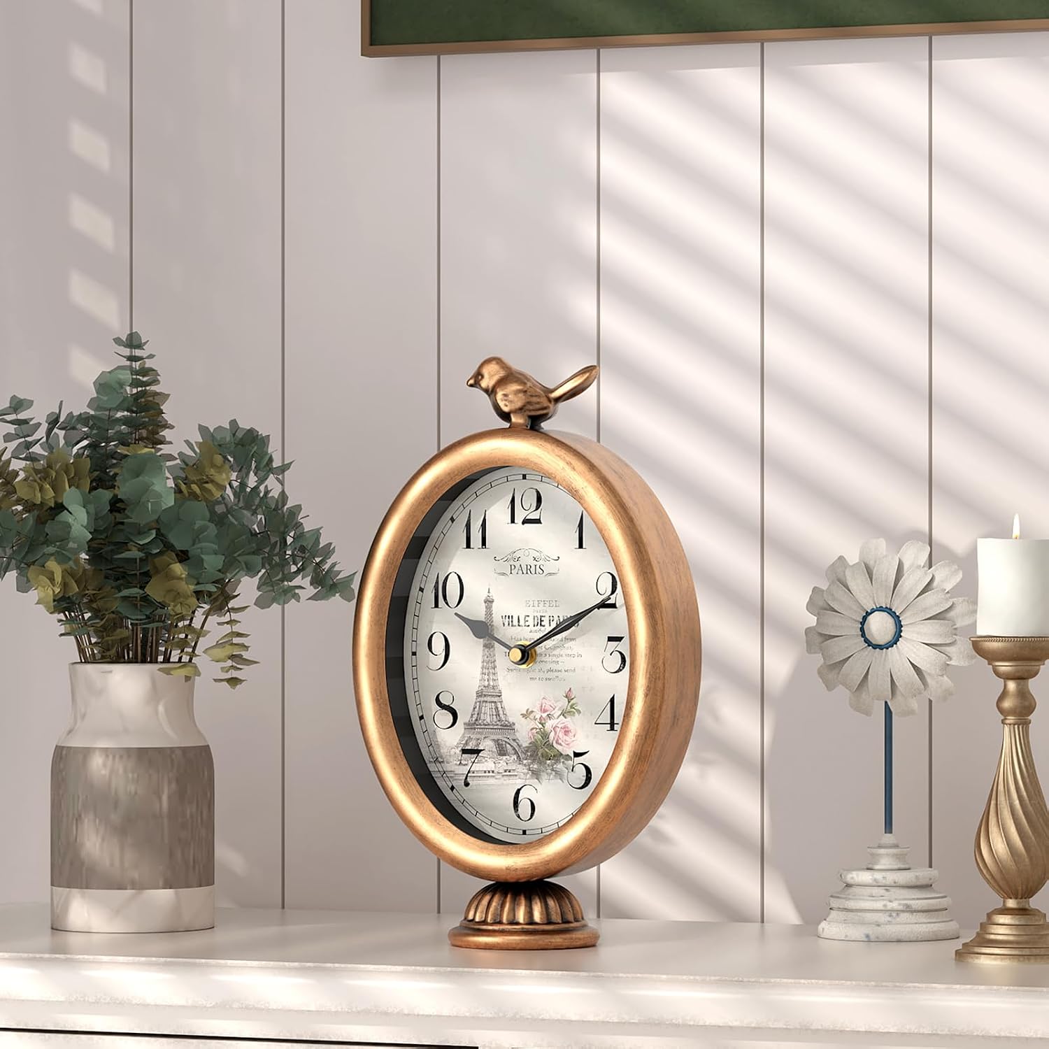 Vintage Table Clock with Bird, Antique Gold Desk and Shelf Clock | French Paris Decor Style, Metal Mantel Clocks for Living Room, Farmhouse, Bedroom, Bedside, Gift ( 10" H x 5.9" W )