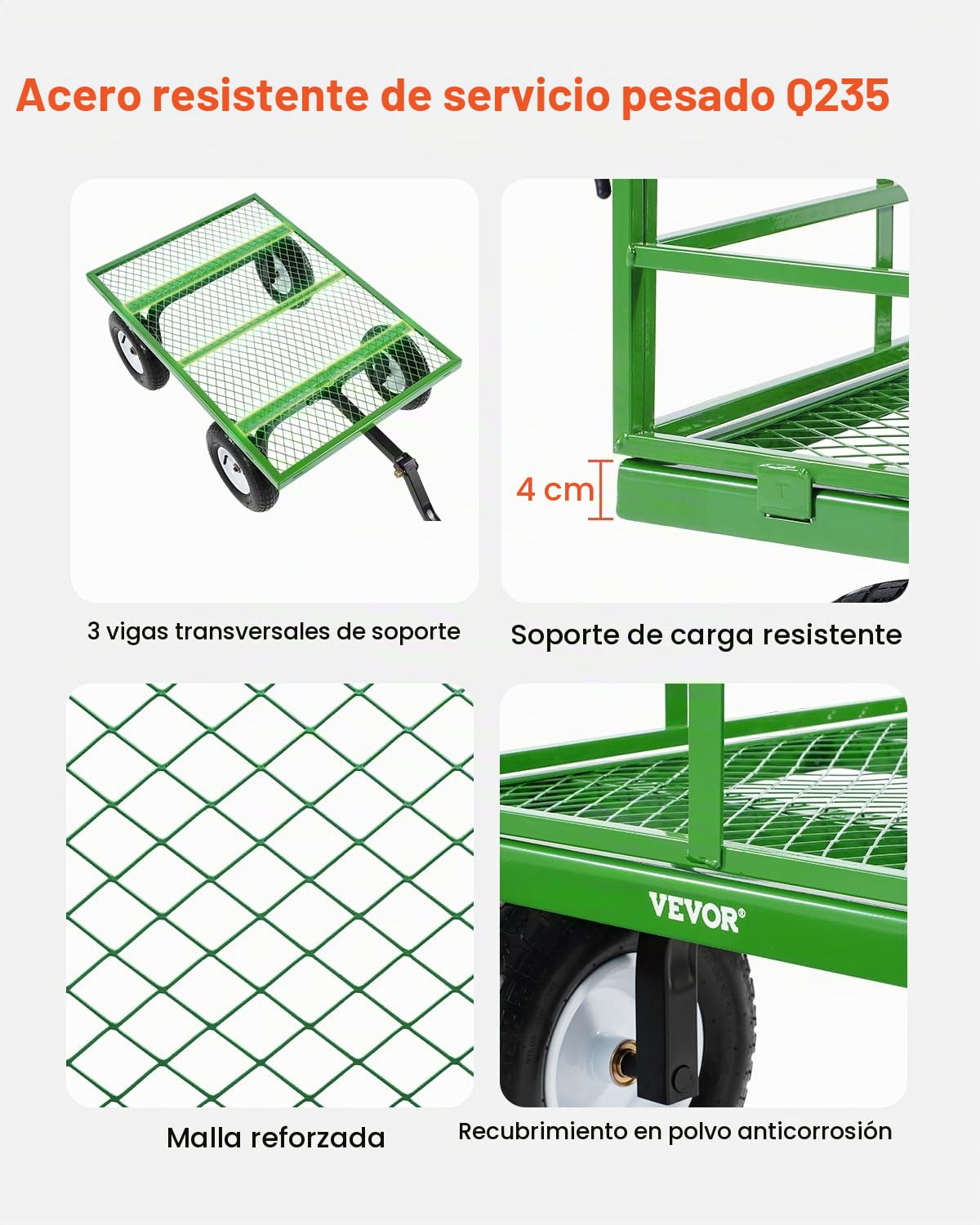 VEVOR 2 en 1 Carrito Resistente de Jardín de Acero de 2125 x 750 x 670 mm con Neumáticos Todoterreno de 13", Laterales de Malla Extraíbles y Manija Giratoria de 180°, Carga de 544,31 kg, Verde