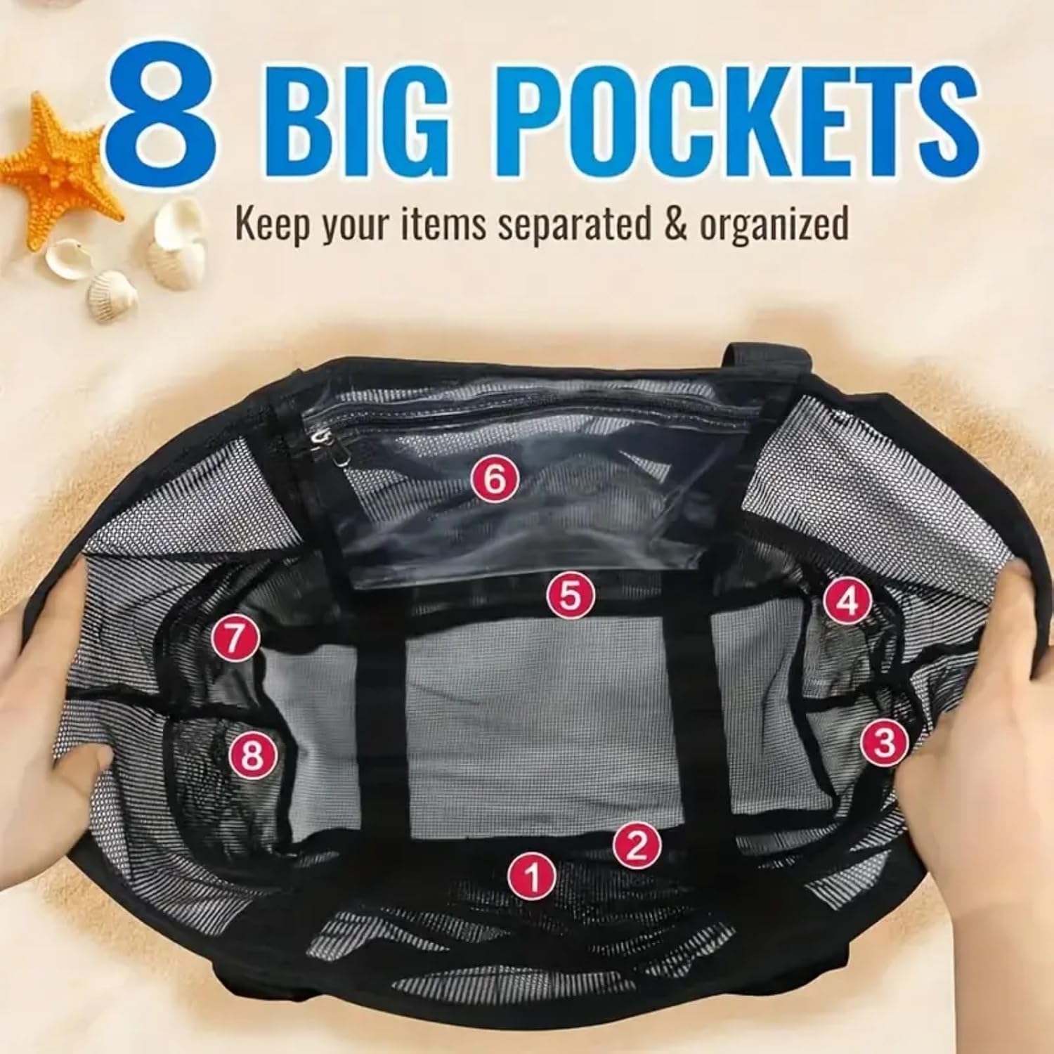 Bolsa de praia de malha extragrande, bolsa dobrável leve com vários bolsos para viagem à praia em família, piscina, viagem, preta