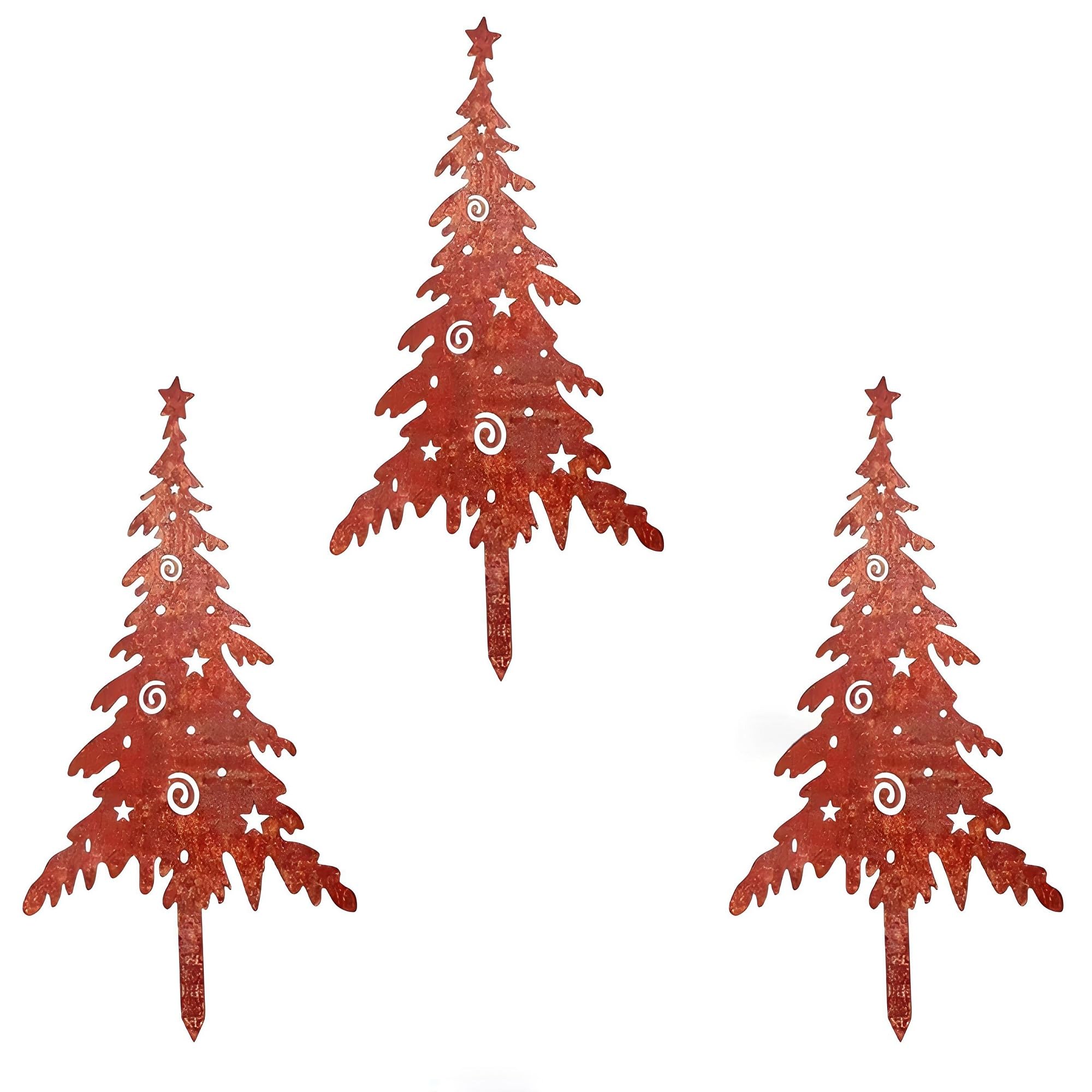 BAPPKON 3-Piece Rustic Metal Christmas Stakes with Pine Tree, Vintage Outdoor Christmas Decor for Garden, Patio & Balcony, Weatherproof Metal Garden Stakes for Outdoor Holiday Decoration
