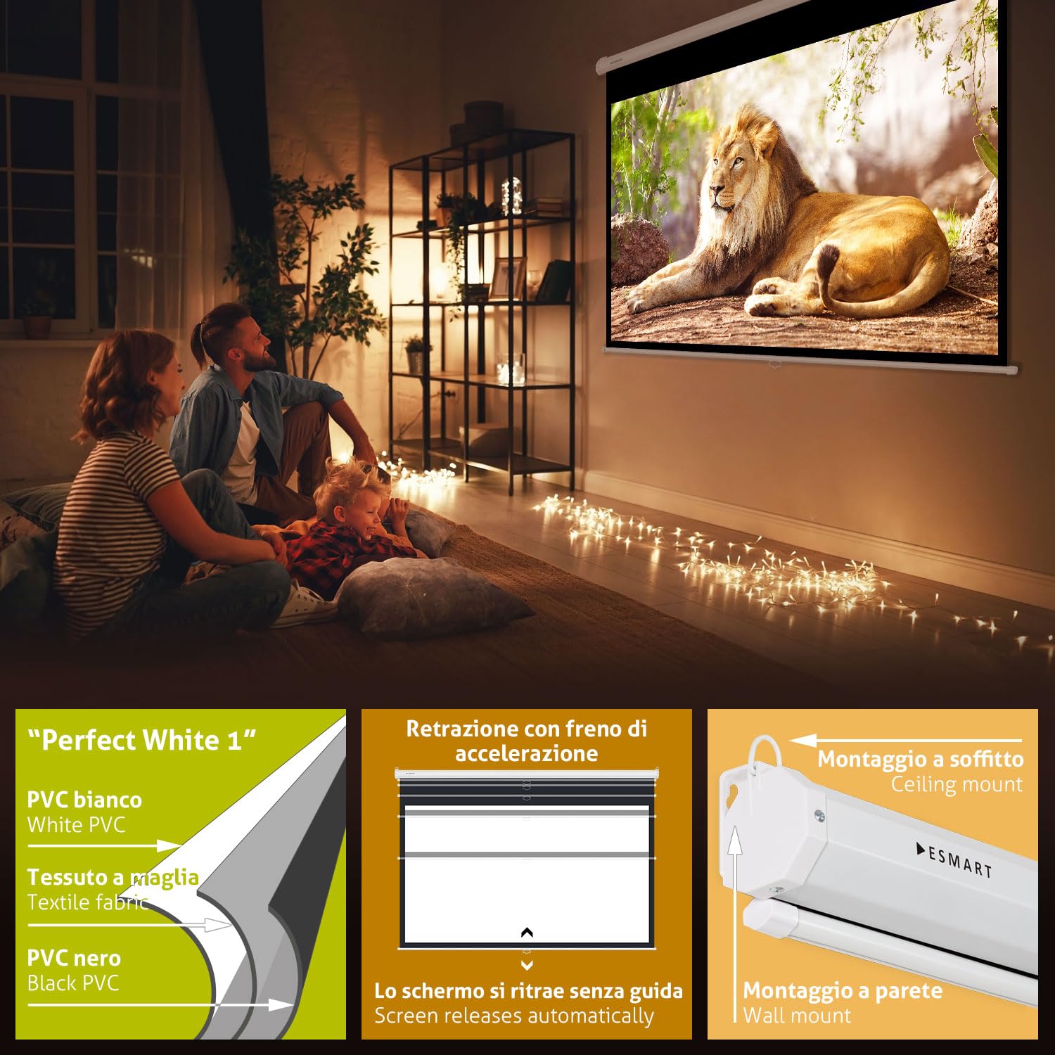 ESMART Economia EXR Schermo di rollo manuale 217 cm Immagine 200 x 113 cm (90") | Formato 16:9 | Schermo per proiezione proiettore home cinema Schermo per tende a rullo LCD LED