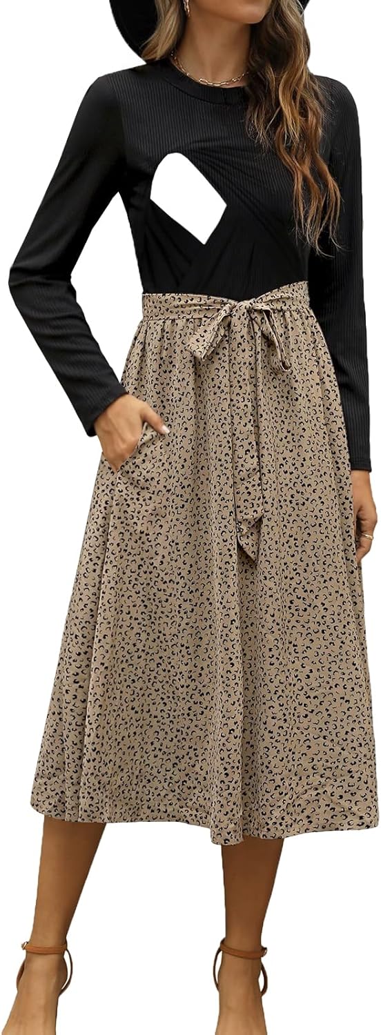 CzzzyL Women Nursing Dress Long Sleeve Floral Patchwork Ribbed Pregnancy Tie Waist Work Outfits with Pockets